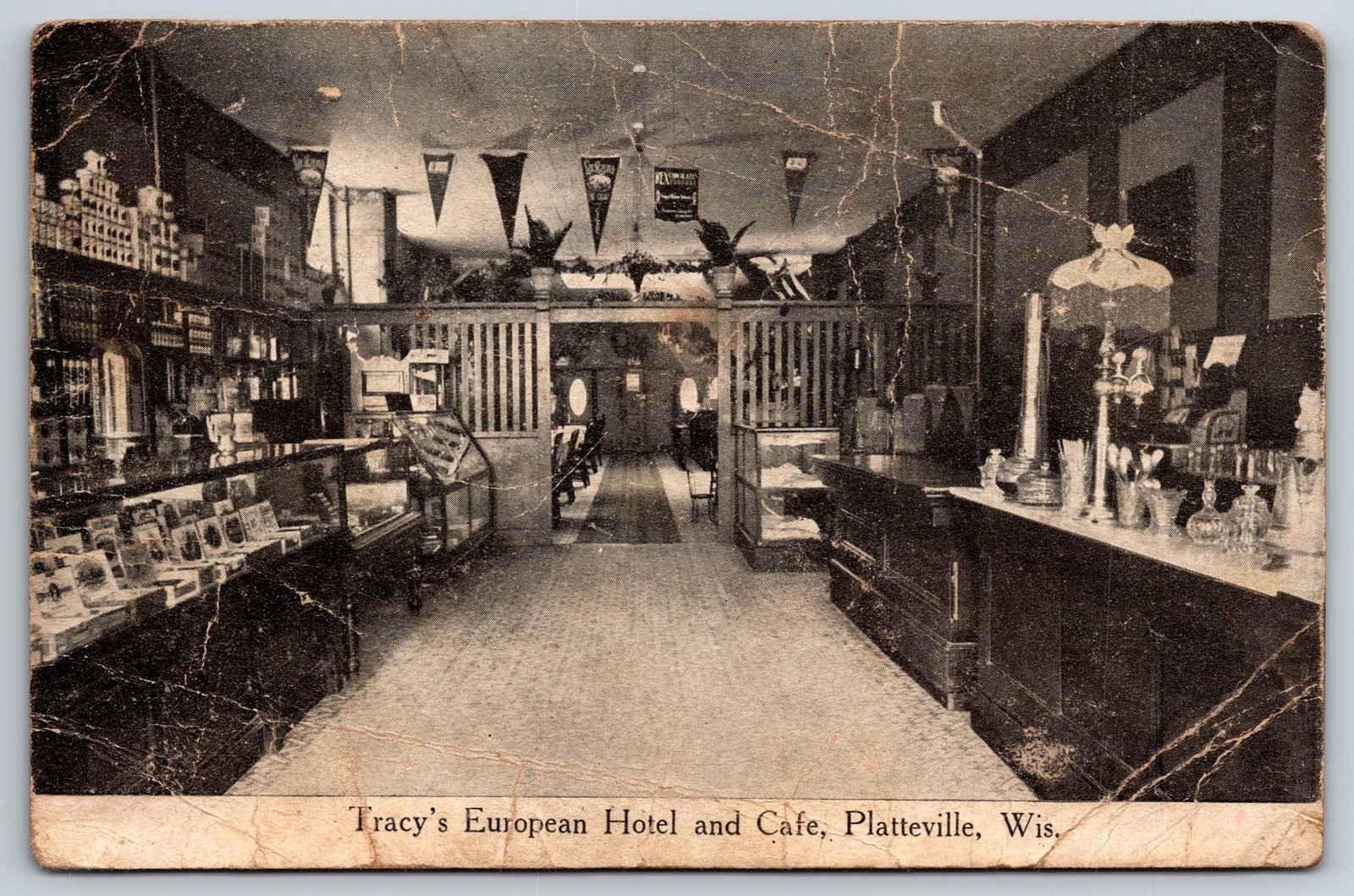 Platteville, WI Postcard - Interior of Tracy's European Hotel and Cafe