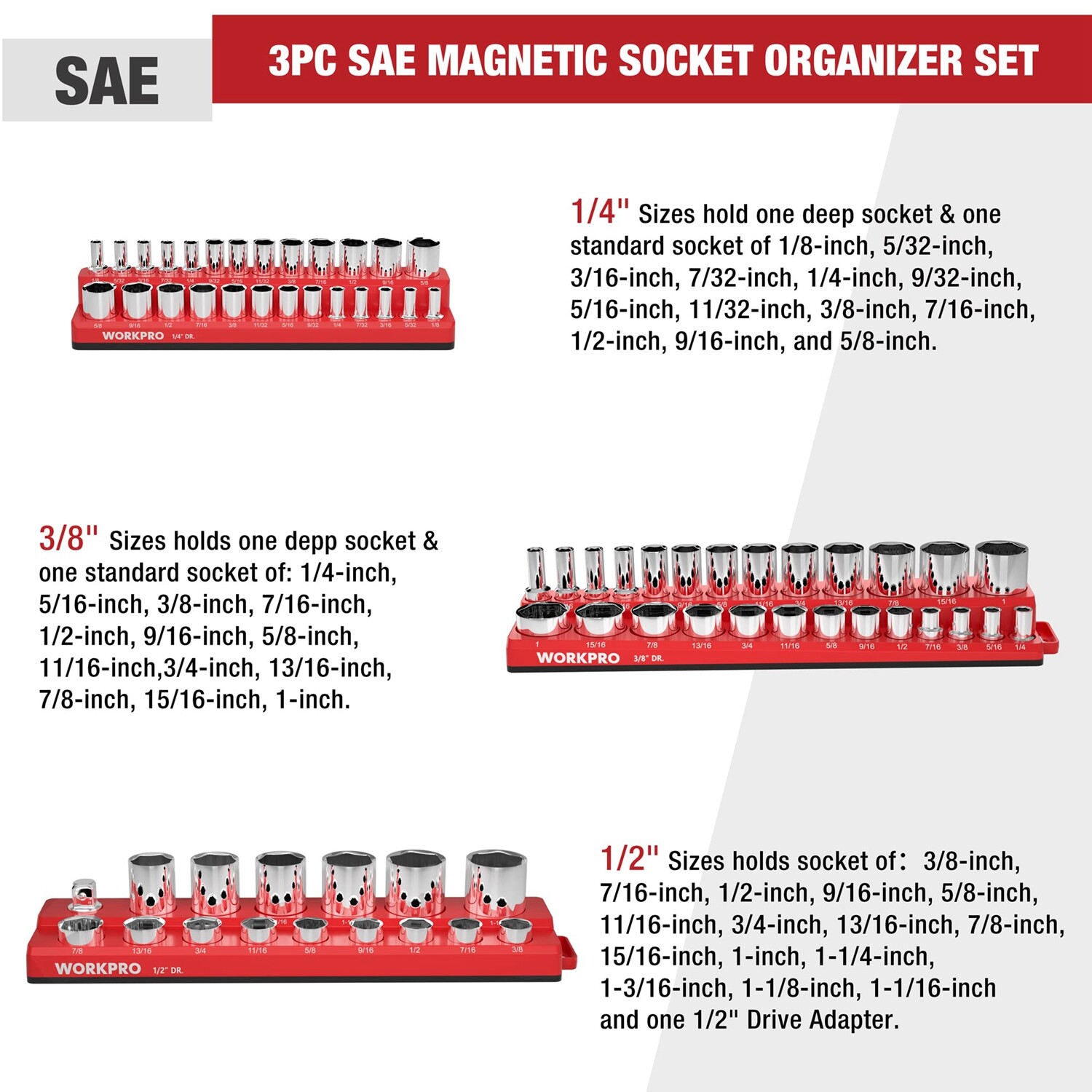 WORKPRO 3PCS Magnetic Socket Organizer Set SAE 1/4" 3/8" 1/2" Drive Socket Trays