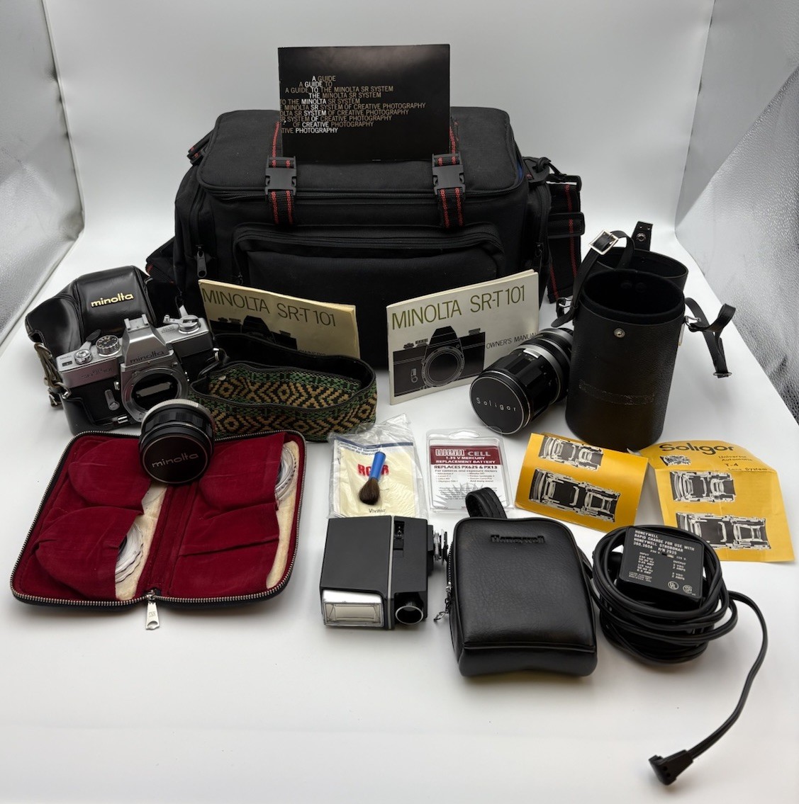 Minolta SRT 101 Film Camera W/ 2 Lenses, Flash, Case, Manuals + New Battery