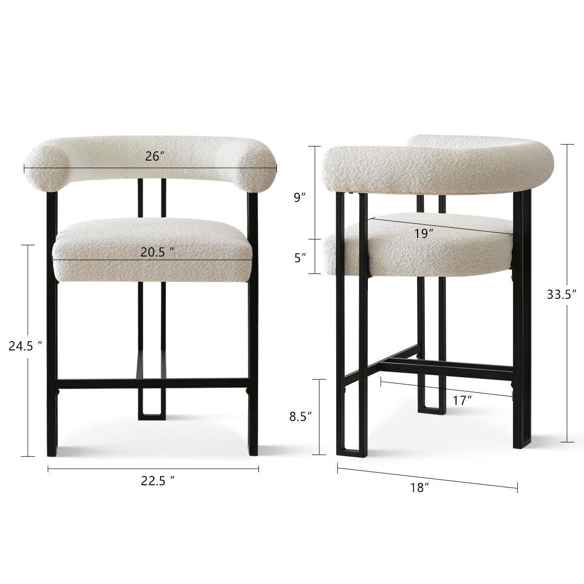 2 Pack Boucle Counter Height Bar Stools Thick Armrest Metal Frame Dining Chairs
