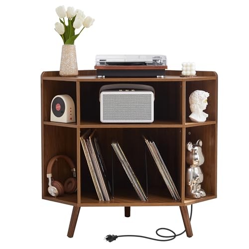 Corner Record Player Stand with Charging Station & USB Ports, 3 Tier Mid Century