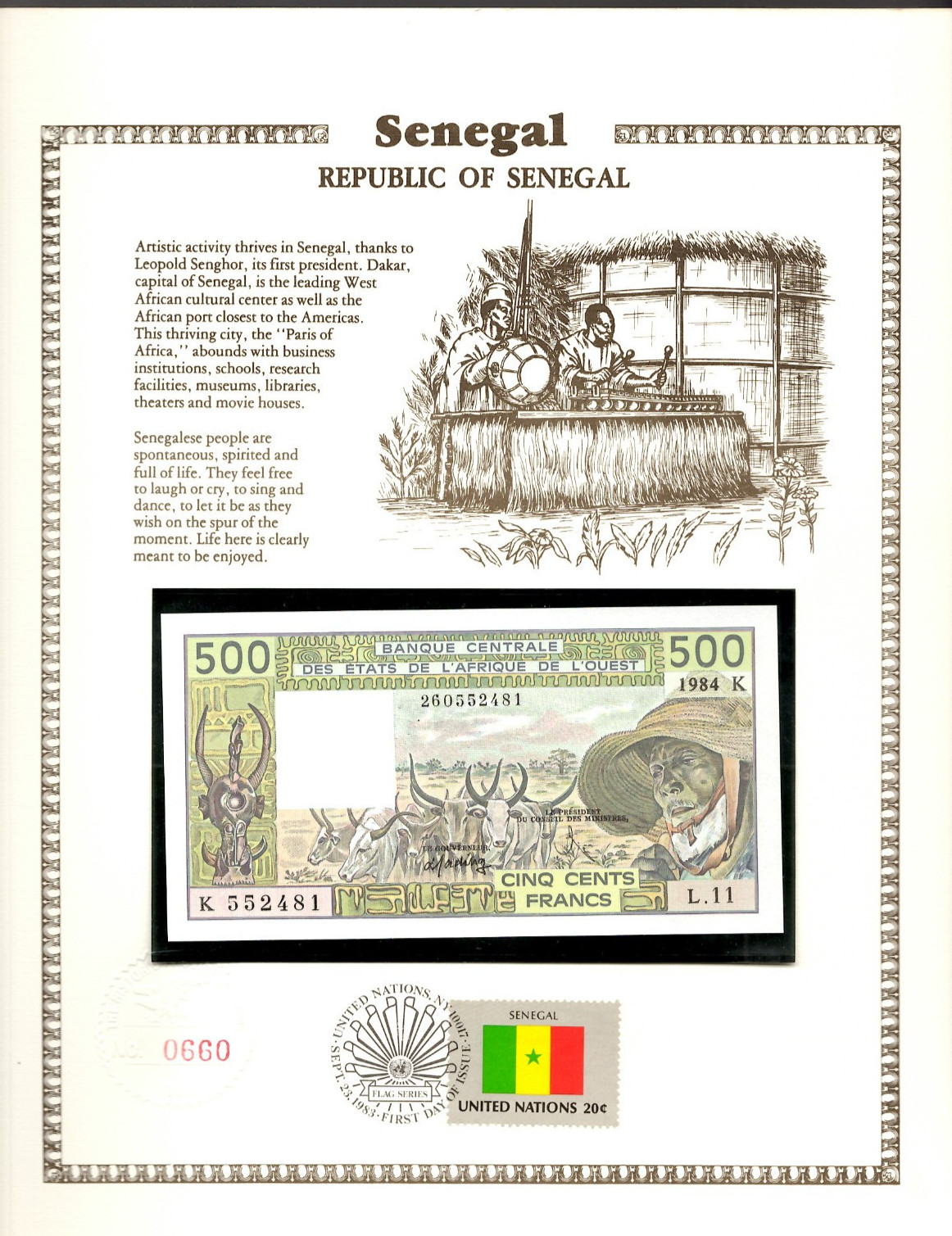 West African Senegal Banknote 500 Francs 1984 P 706 Kg UNC  w/FDI UN FLAG L.11