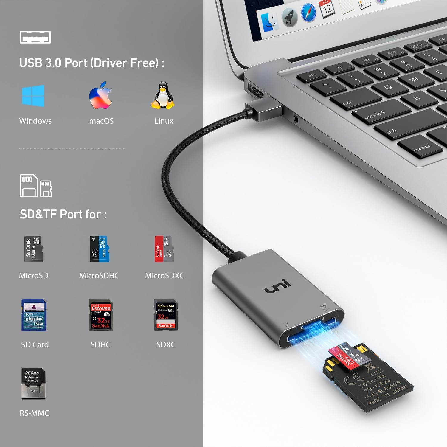 SD Card Reader uni HighSpeed USB 3.0 to Micro SD Card Adapter Aluminum Comput
