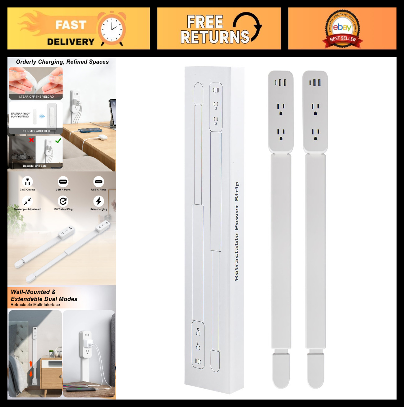 Outlet Extender with USB-A, USB-C & 2 AC Outlets - 180° Rotating Power Socket Ex