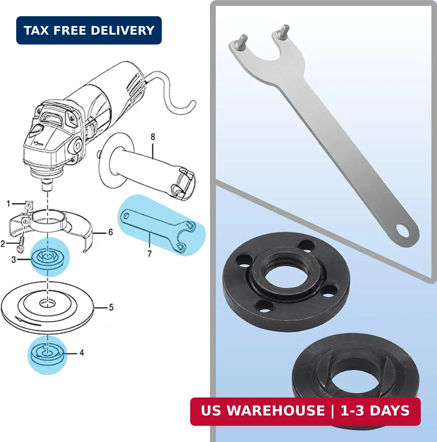 3-Pack Angle Grinder Flange Nut & Wrench Set - for 4.5", 5", 7" 5/8"-11 Thread,