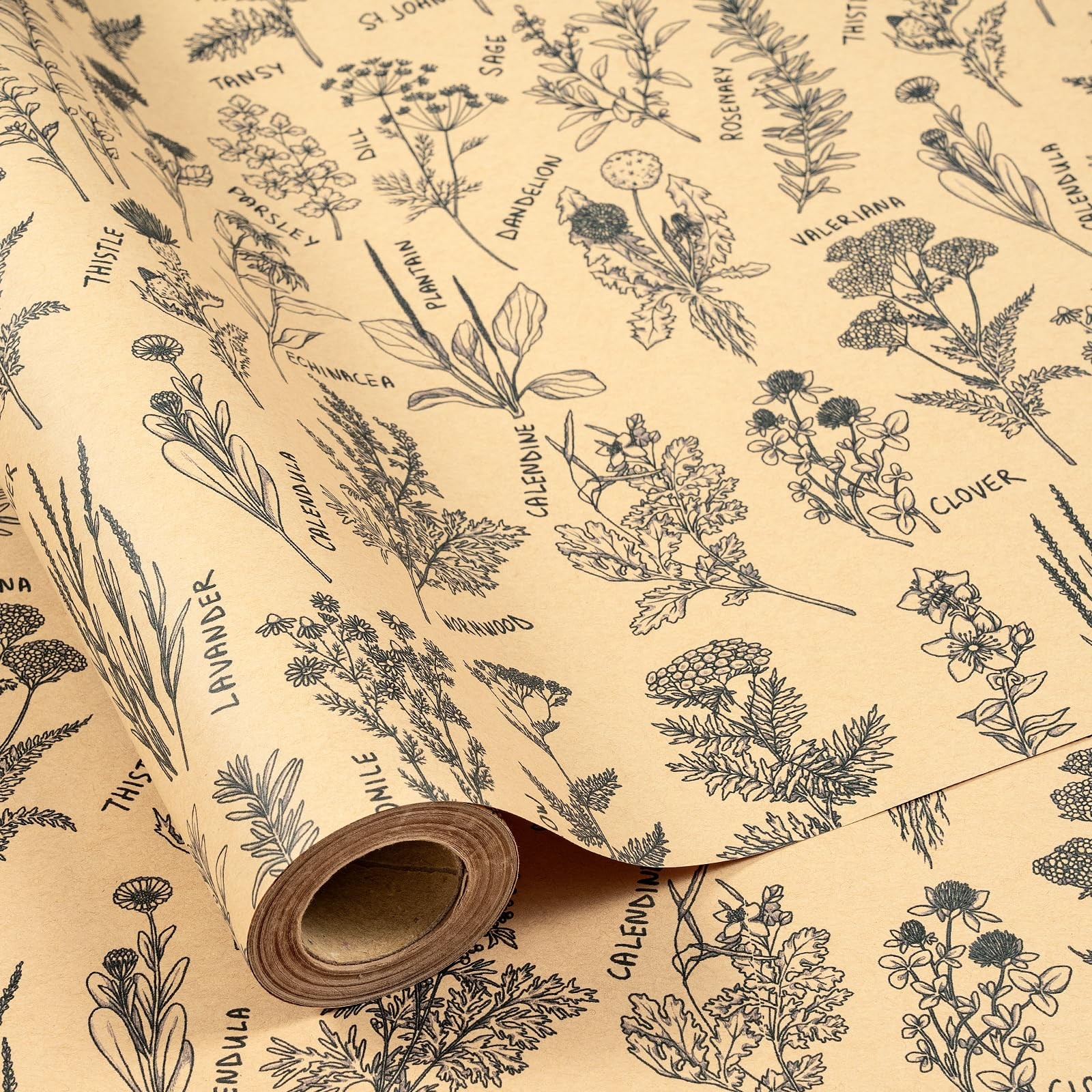 Vintage Kraft Wild Flower Wrapping Paper Roll, Mini Roll, Black Botanical Herb L