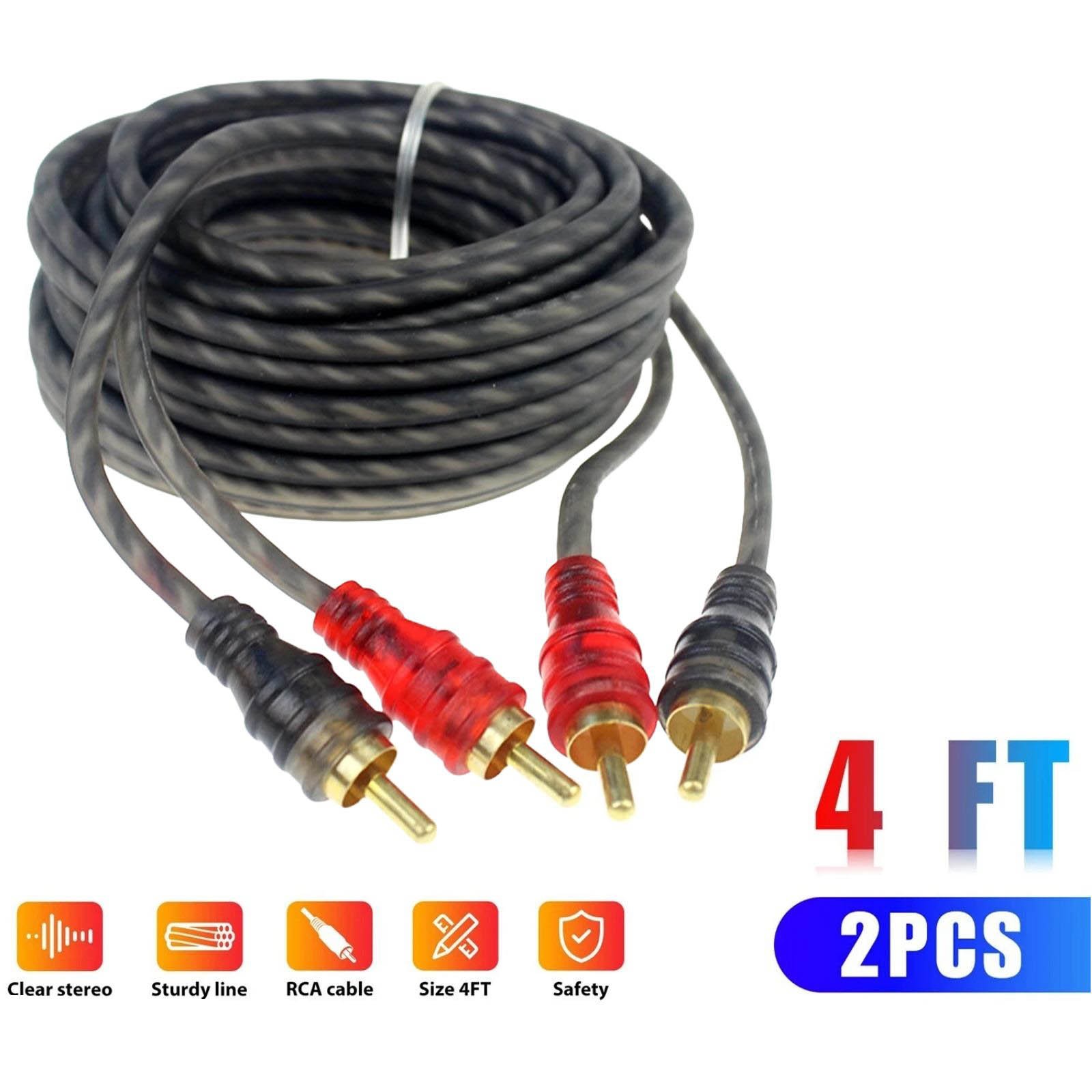2PCS RCA Cables 2 Channel Twisted 4Ft Shielded Audio Interconnect Amp Cable