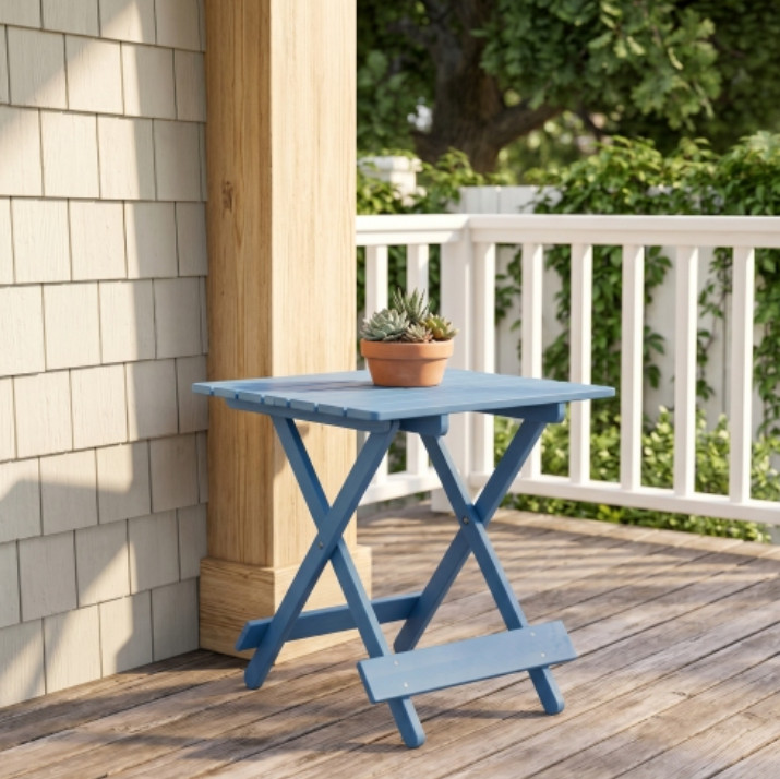 Folding Solid Wood Patio Table Portable Outdoor Square Table Blue Balcony Yard
