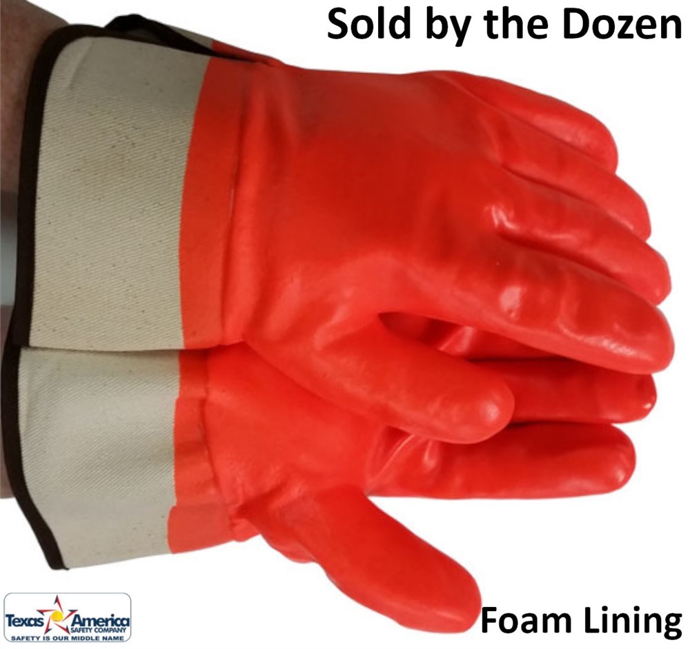 Orange PVC coated gloves with foam lining and safety cuff (Dozen) - Mens Size