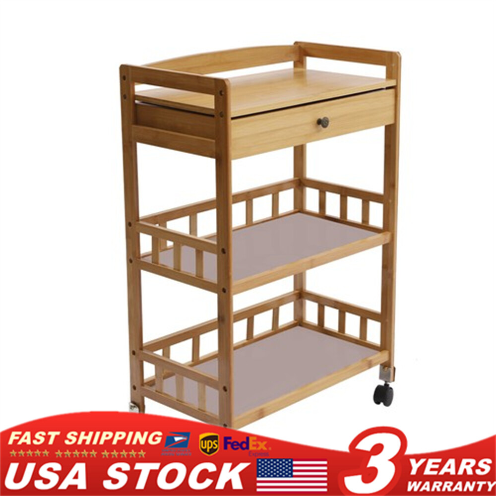 Rolling Bamboo Kitchen Cart Multi Purpose Serving Cart Storage 3 Tiers Standing