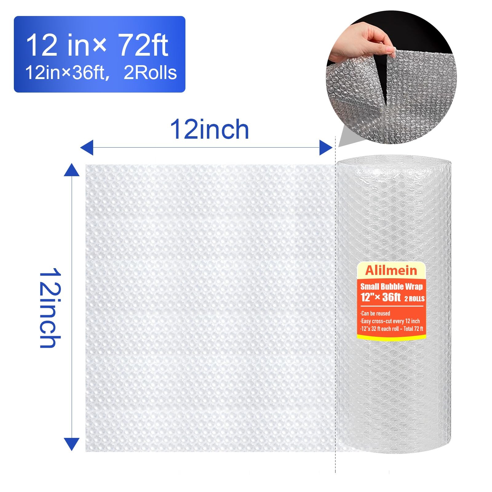 12 Inch x 72ft - 2 Pack Small Thin Bubble Cushioning Wrap for Extra Protectio...