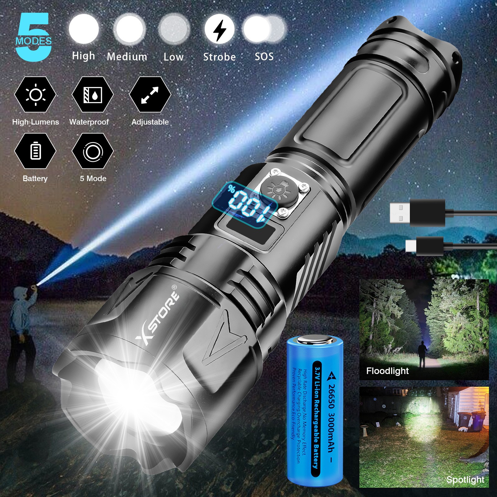 Super Bright 9000000 Lm LED Tactical Flashlight Rechargeable Powerful Work Light