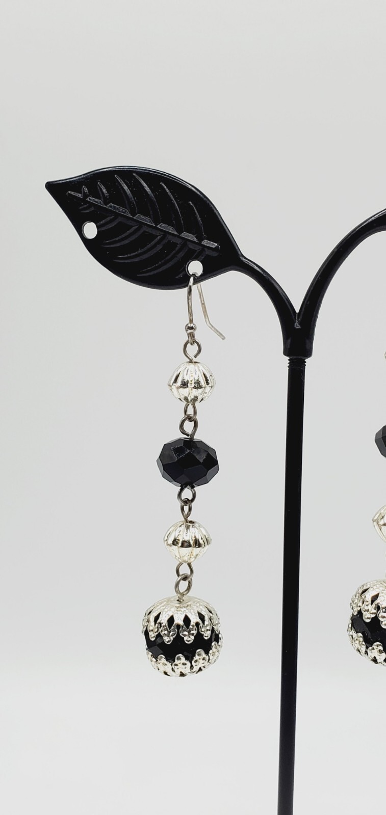 2.5" Asymmetrical Black Crystal & Silver Tone Dangling Pierced Earrings
