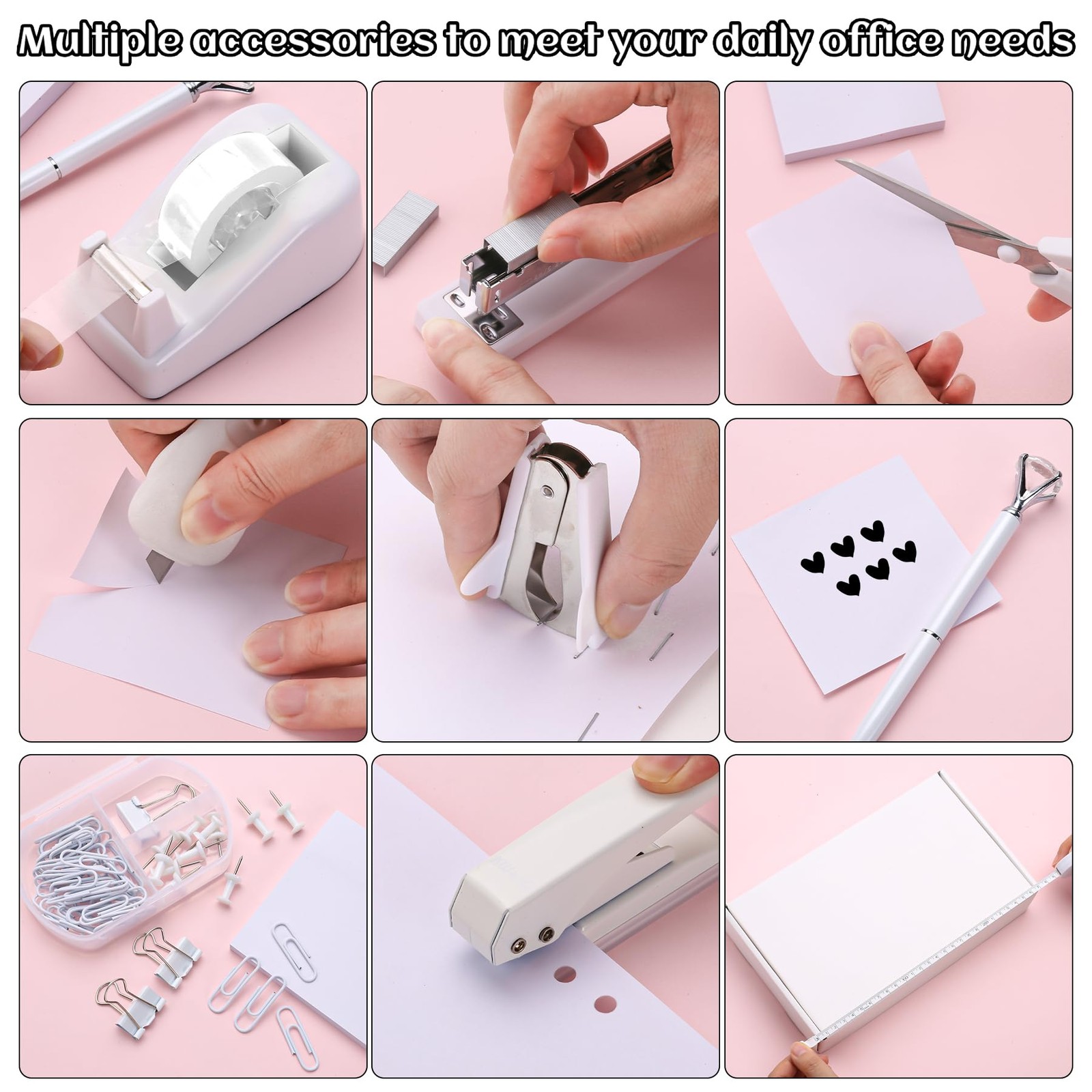 White Desk Accessory Kit Cute Office Supplies Set Desktop Stapler Set Include...
