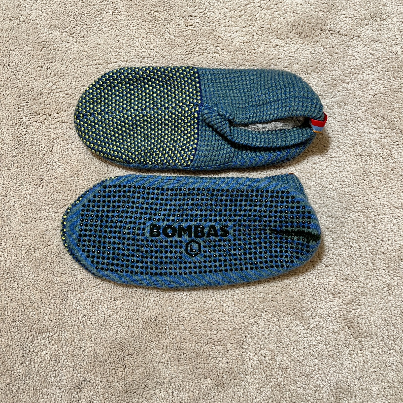 Bombas Gripper Slipper Lined Socks Large Green Blue M 10-12.5 W 12-14 Unisex