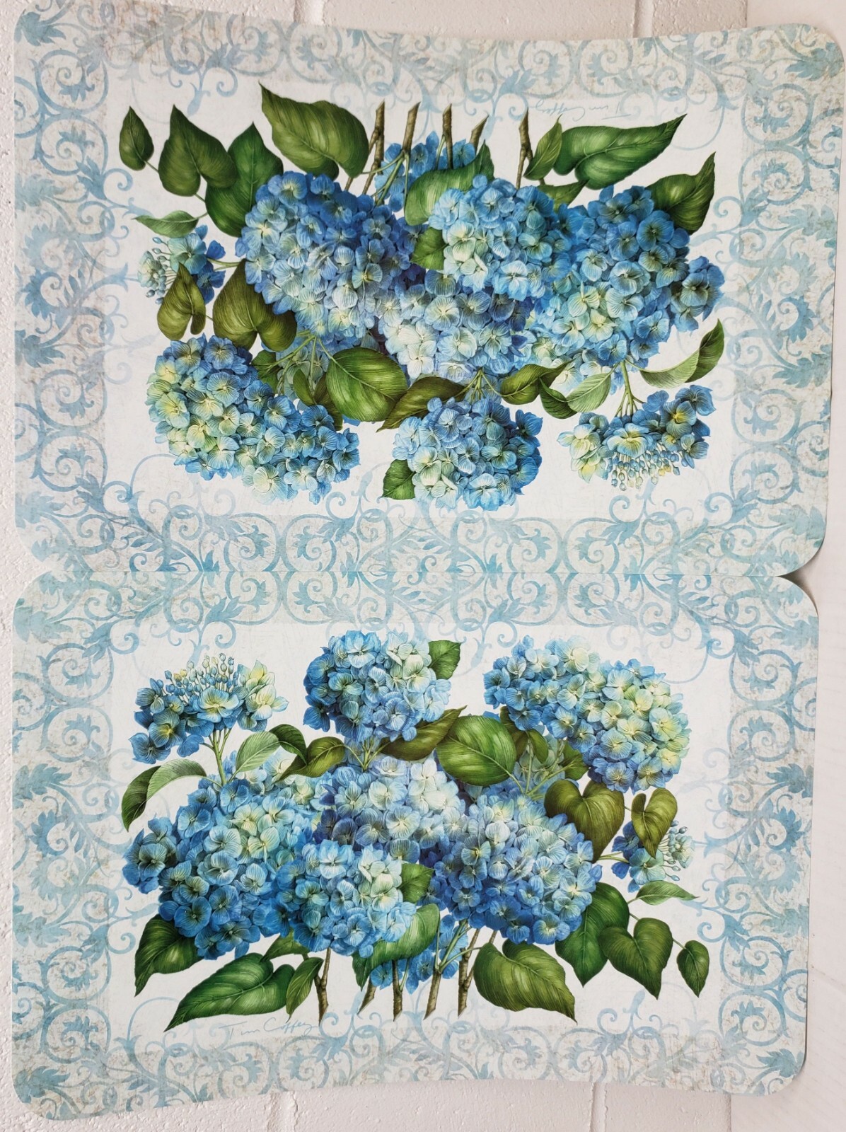 2 NON CLEAR HARD PLASTIC PLACEMATS, approx. 12" x 18", BLUE FLOWERS