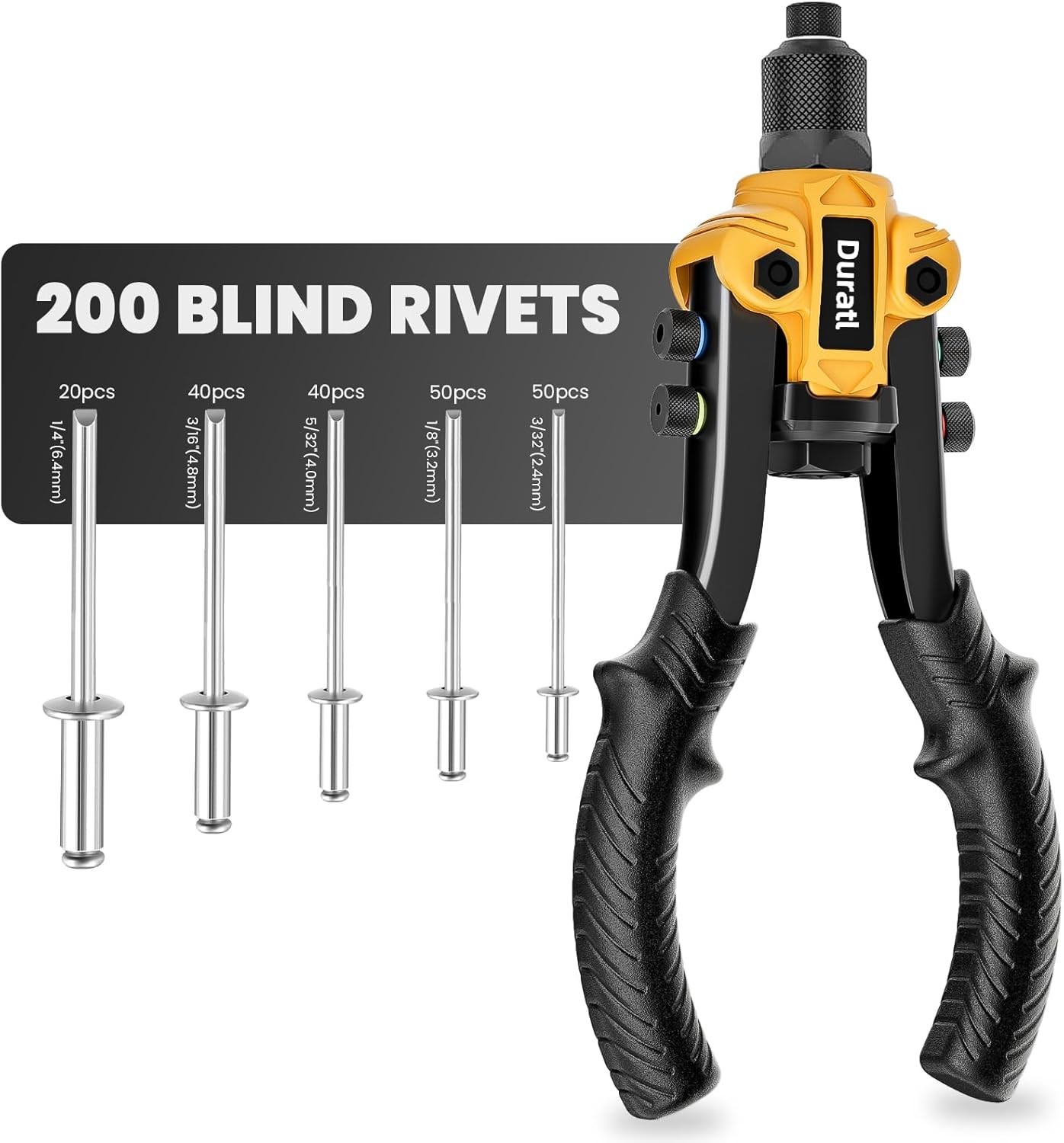 Duratl Rivet Gun, 1/4 Pop Gun Kit with 200 Blind Yellow