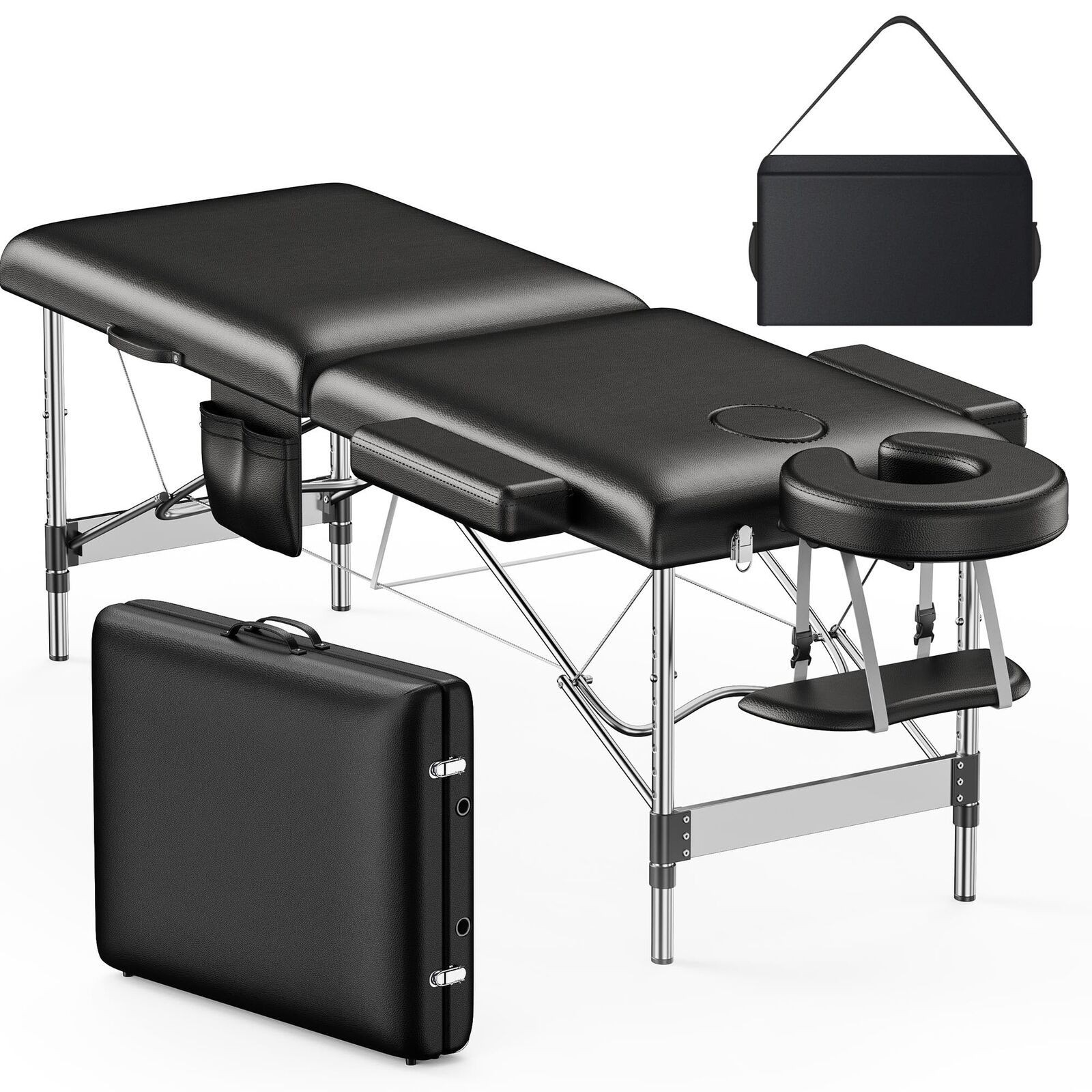 Brelley Massage Table Portable, 2-Fold Lash Bed with Side Pocket, Adjustable Hei