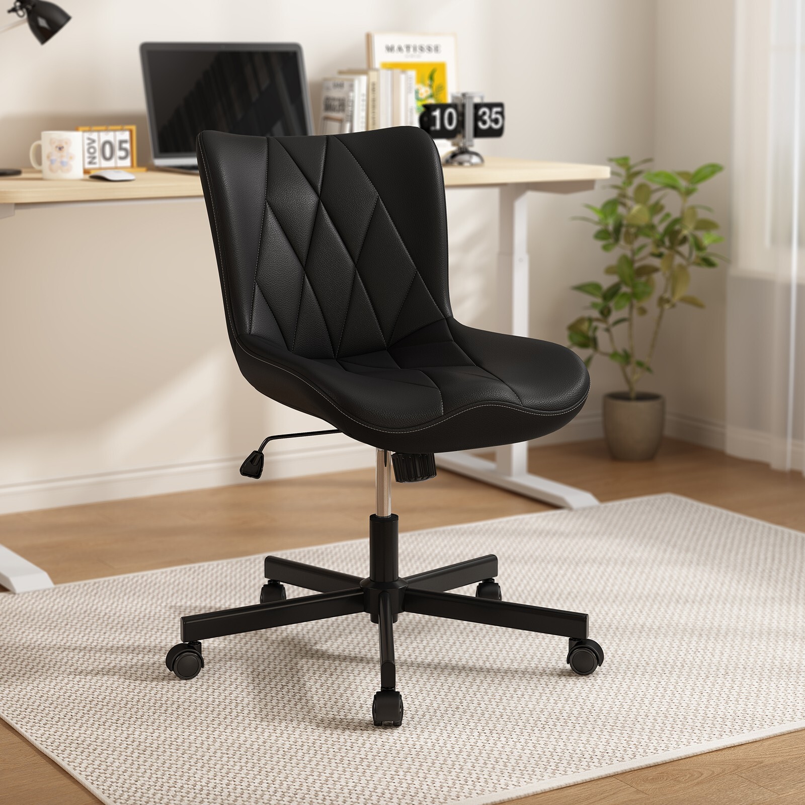 Armless Office Chair, Leather Desk Chair with Wheels for Home Office,Brown
