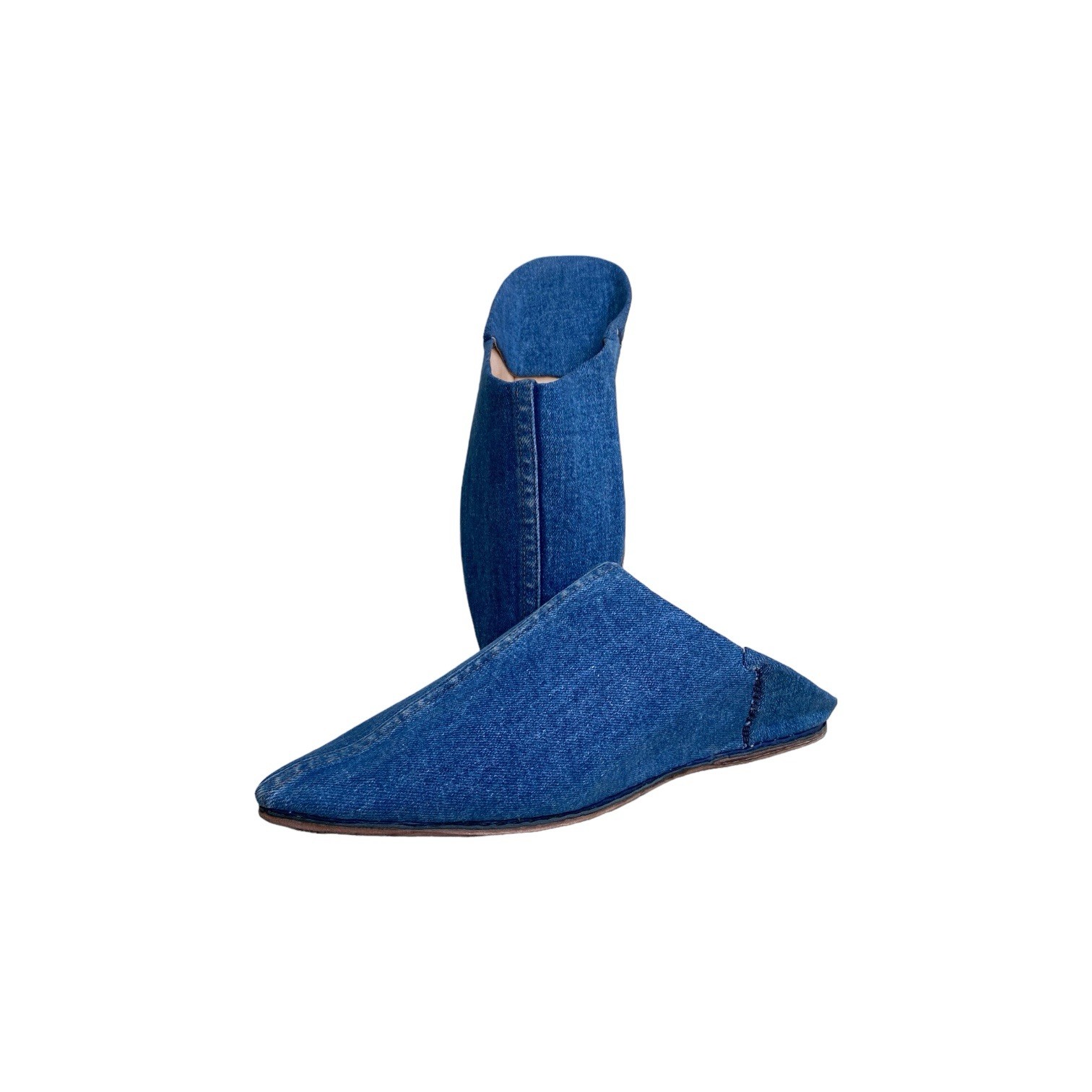 Blue Denim Moroccan Babouches Pointed Toe Leather Lining Handmade