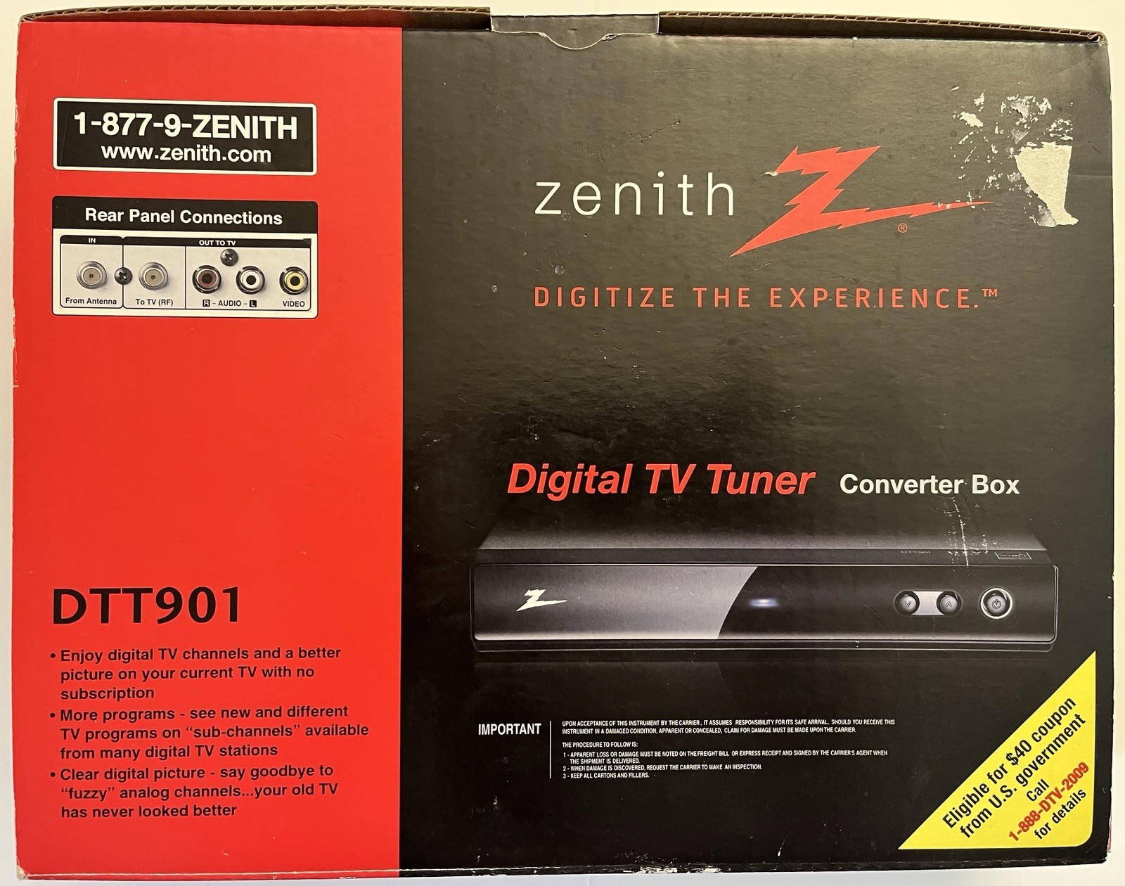 Zenith DTT901 Digital TV Tuner Converter Box with Remote/Cables/Manual In Box