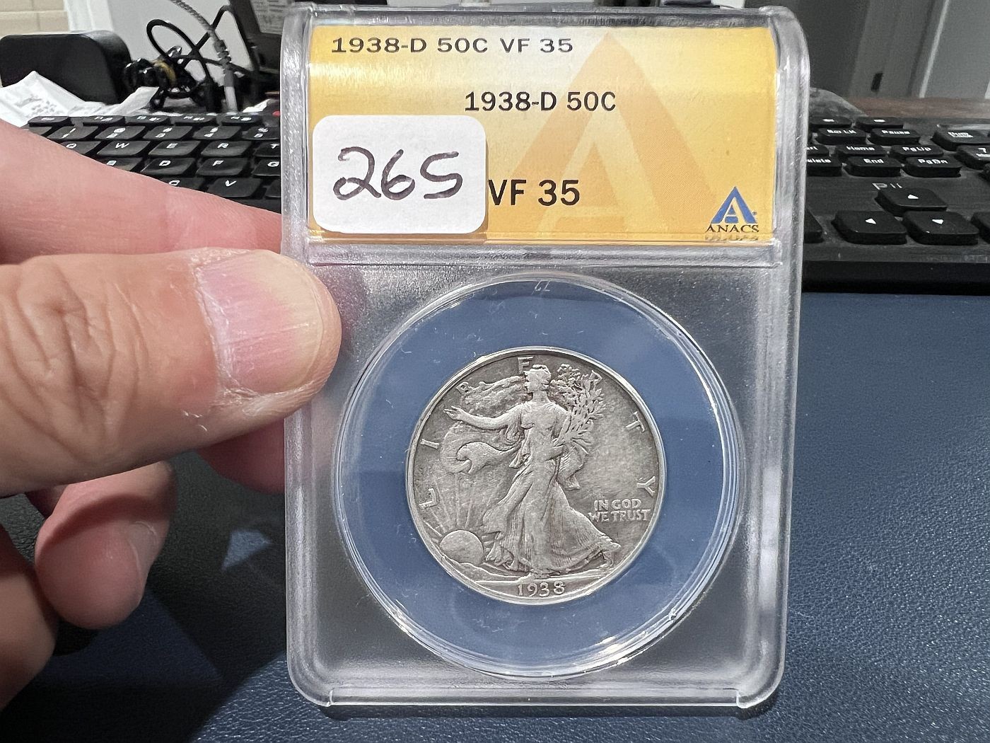 1938-D 50C Walking Liberty Silver Half Dollar Anacs VF 35