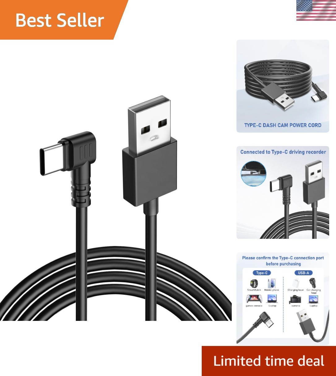 Fast Charging 11.5ft USB-C Power Cable for Dash Cams & Rearview Cameras