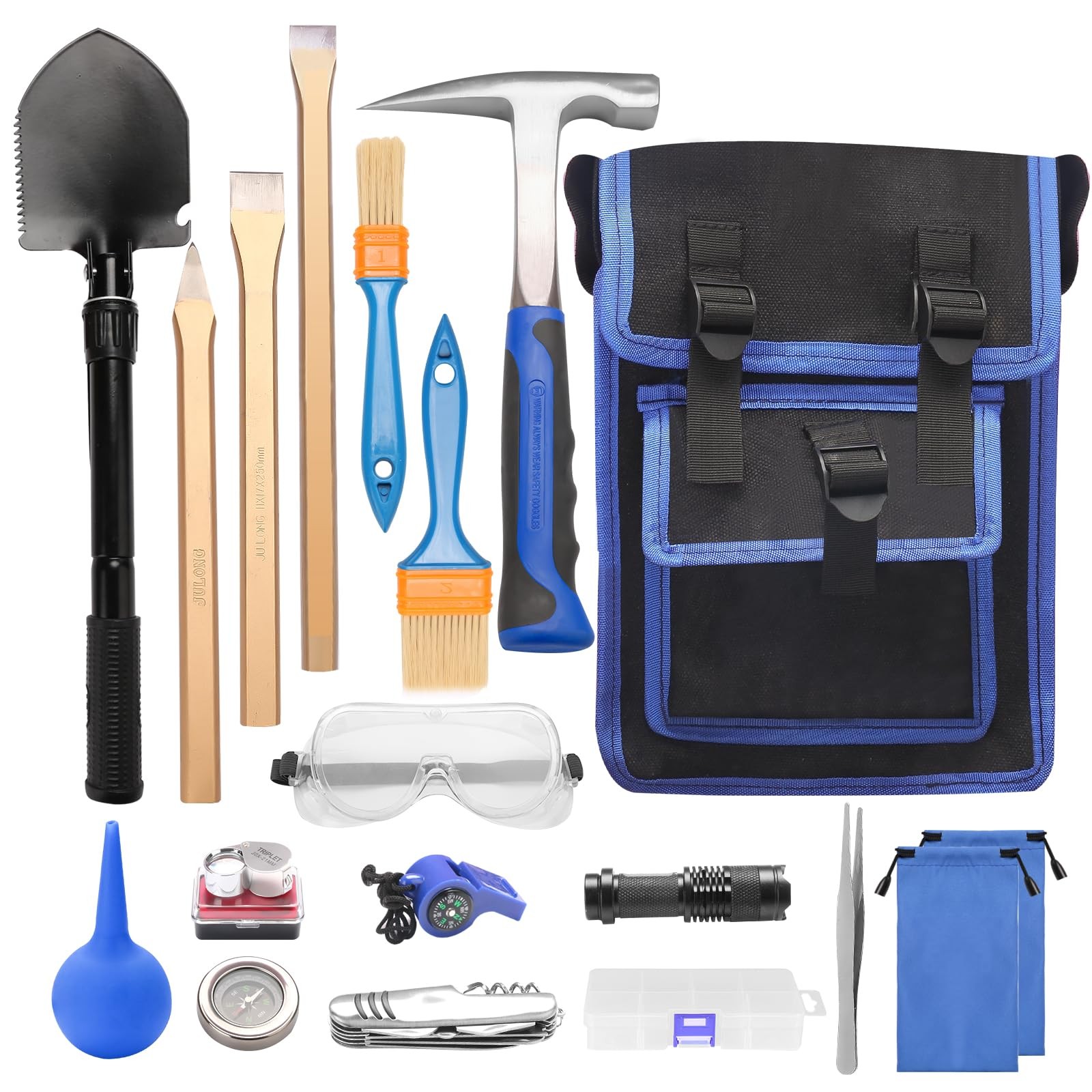 19 PCS Geology Rock Hammer Kit, 24oz Rock Pick Hammer, 3 Digging Chisels, Fol...