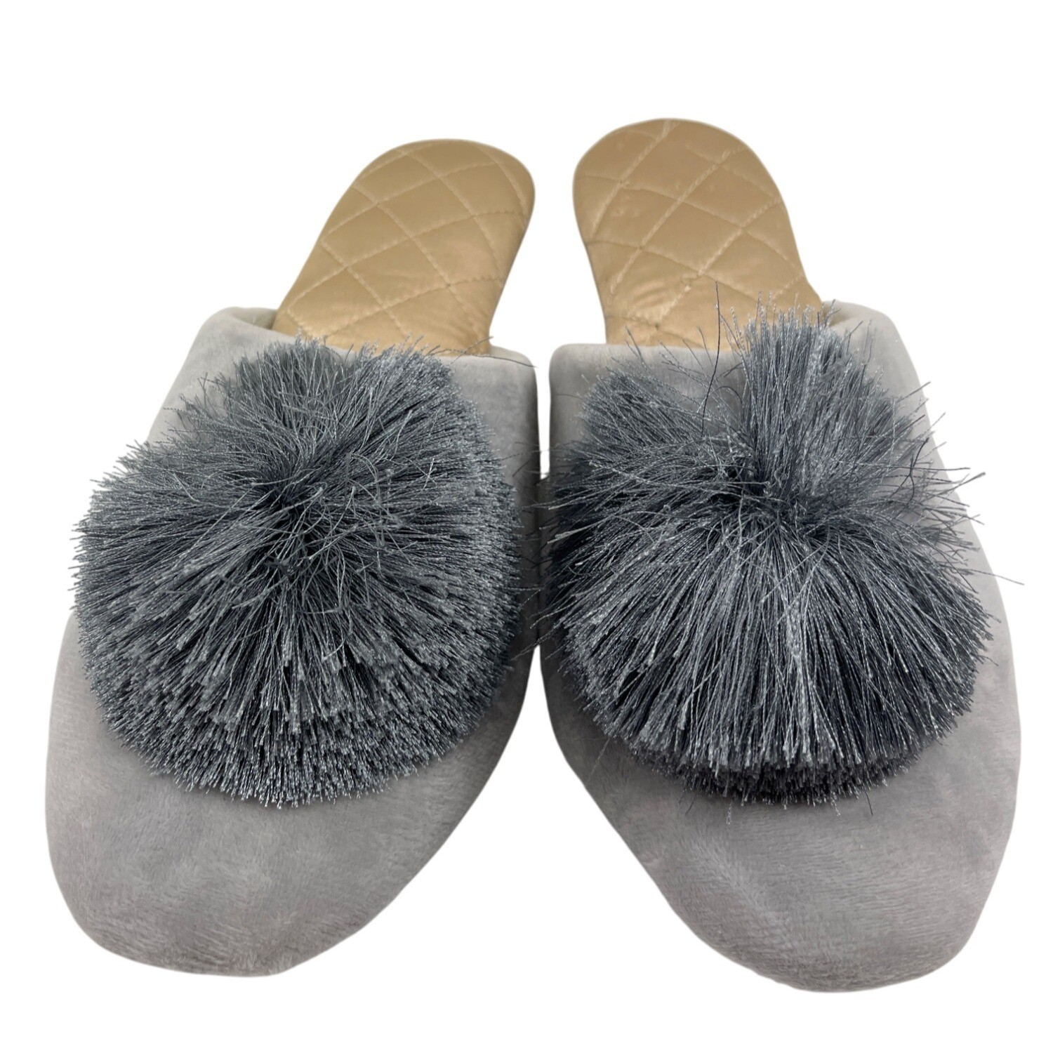 Womens Gray Velvet Quilted Slippers With Faux Fur Pom-Pom & Non-Slip Sole 9-10