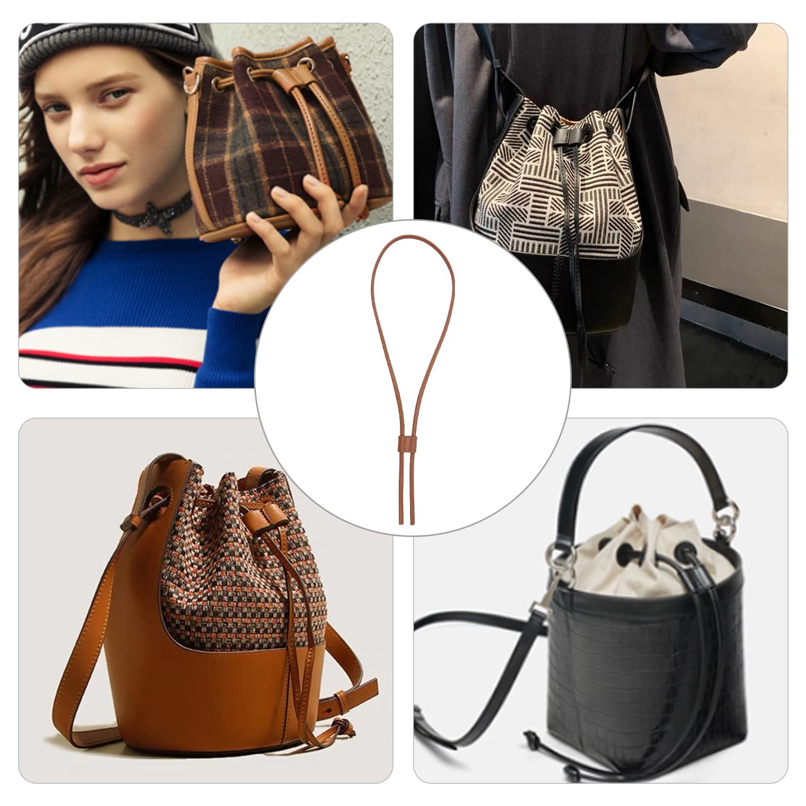 PU Leather Drawstring Pull String Purse Strap, 40.1 Inch/100cm Detachable Lea...