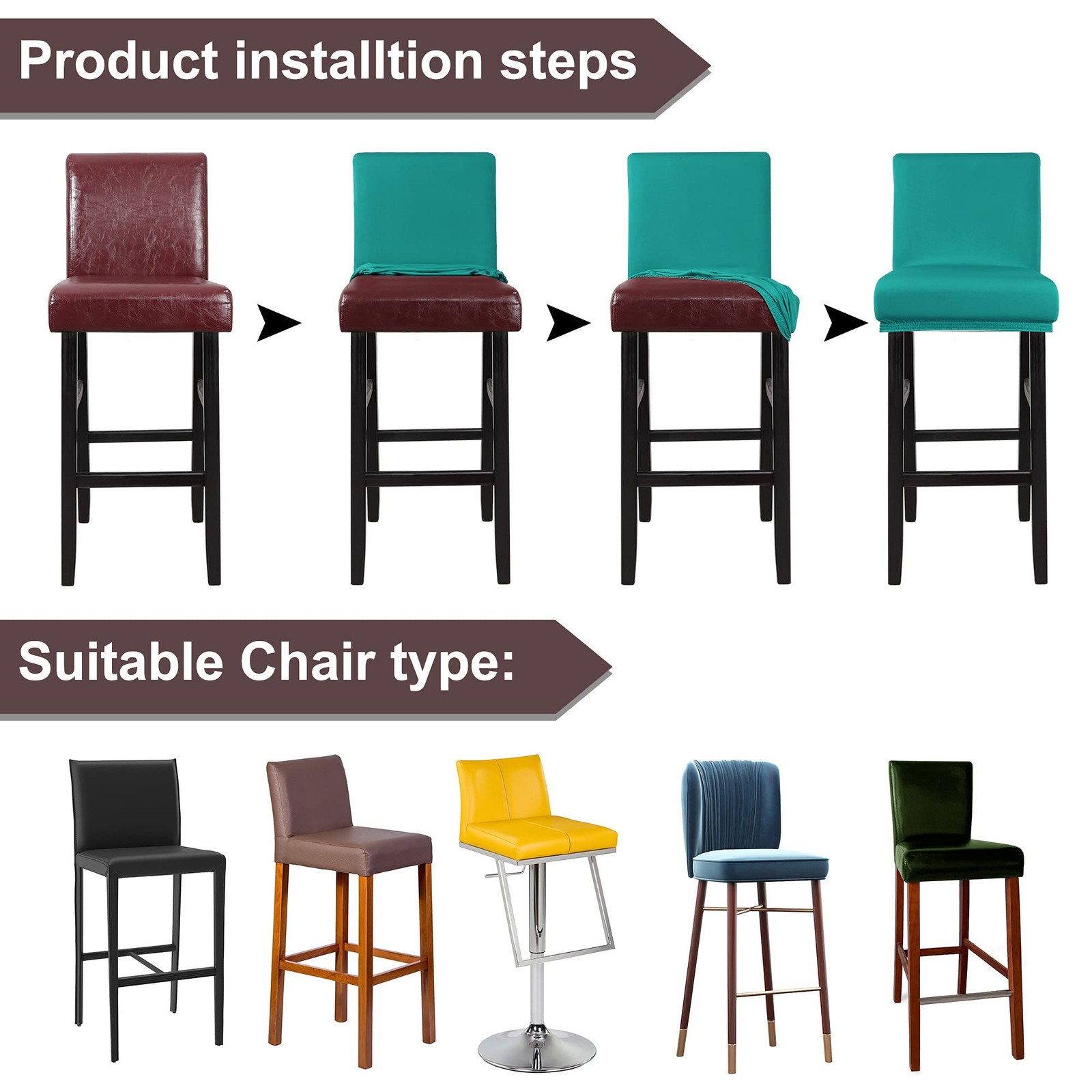 Stretch Bar Stool Covers, Pub Counter Height Side Chair Covers with Elastic B...