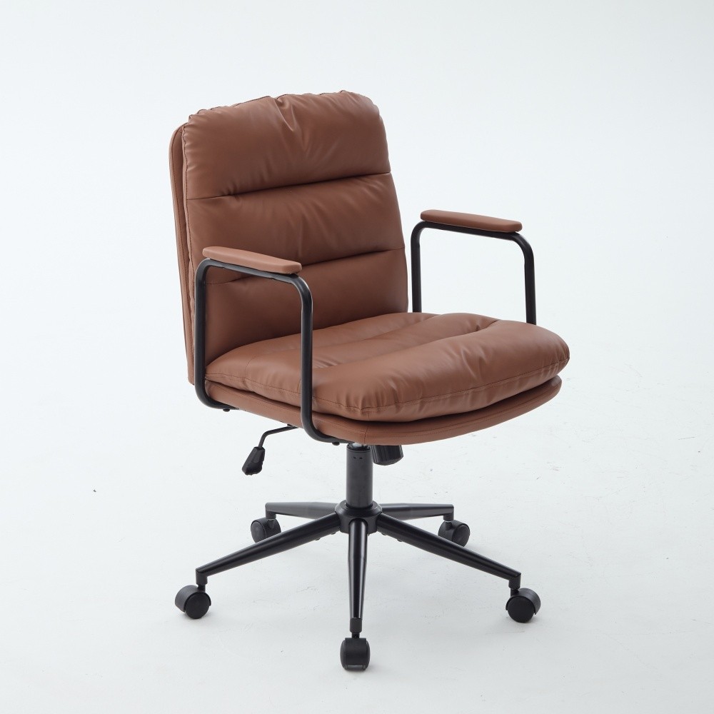 Ergonomic PU Leather Office Chair with Arms, Reclining Back & Wheels, Brown