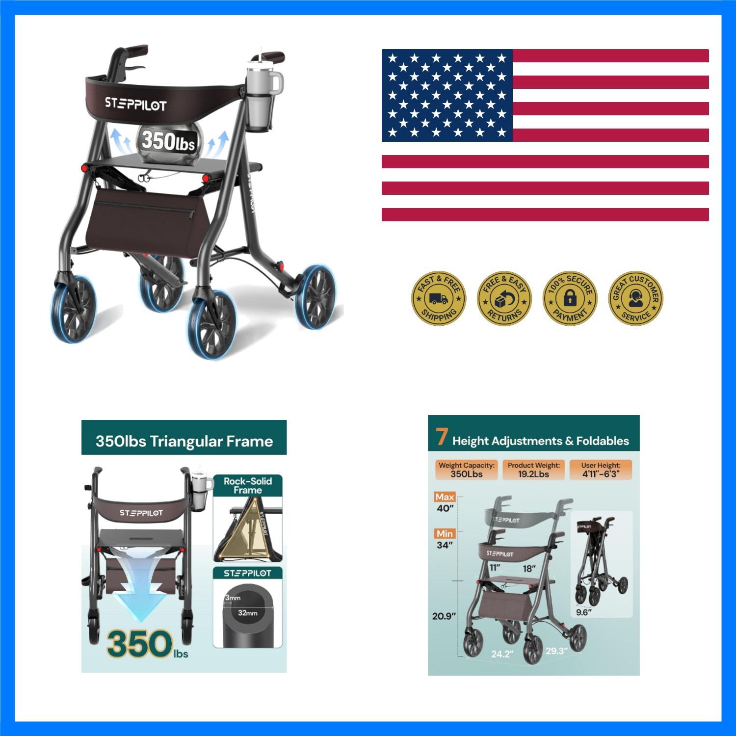 Foldable Rollator Walkers for Seniors | with 18" Ergonomic Arc Seat&350lb Stu...