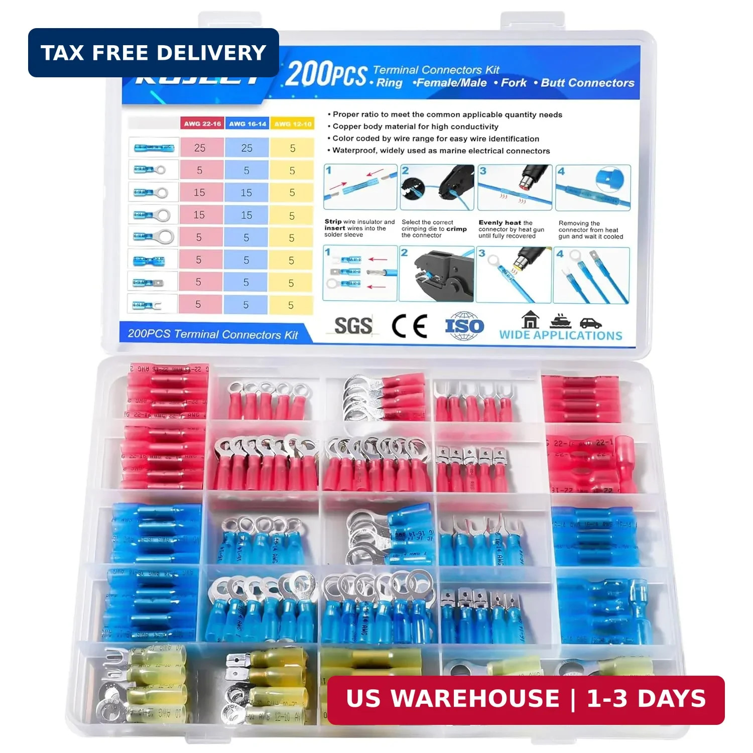 Kuject 200PCS Heat Shrink Wire Connectors Kit, Electrical Waterproof Crimp Butt