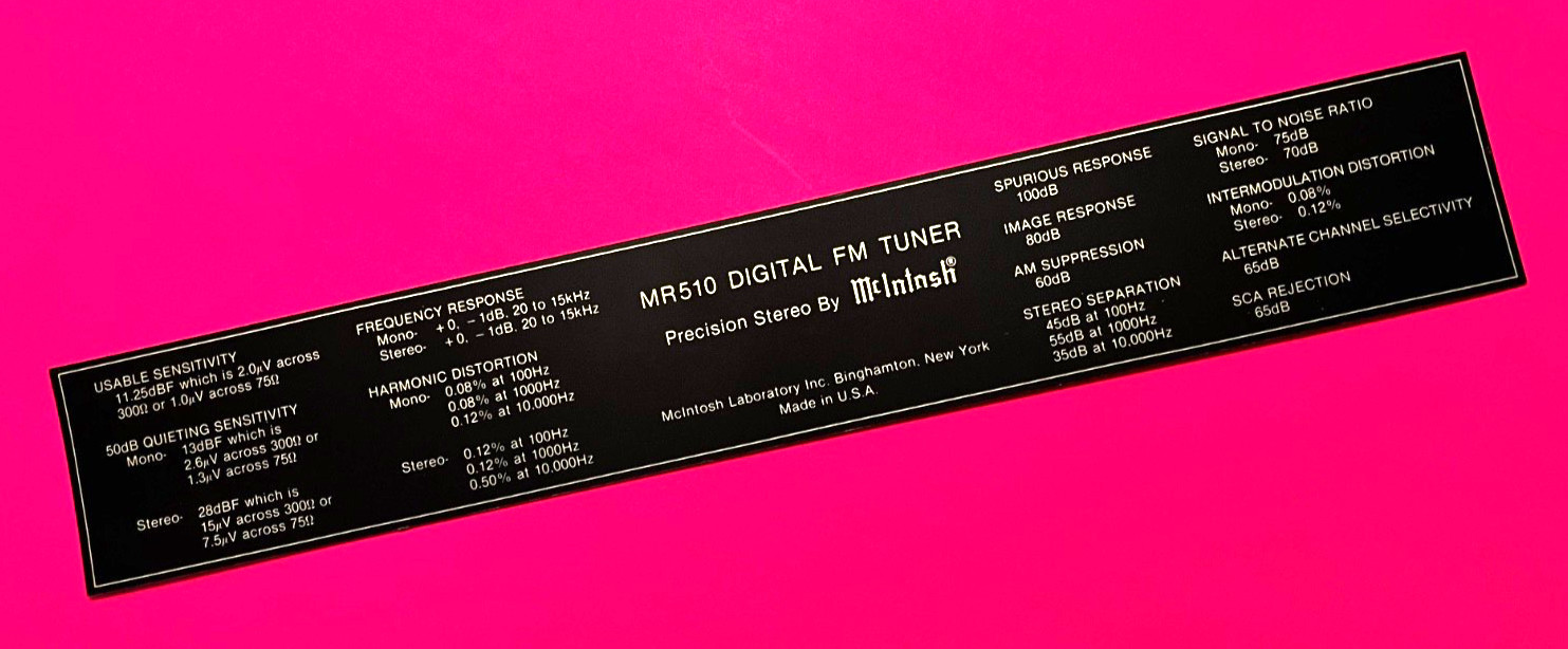 McIntosh MR510  Top Cover Decal -  NEVER USED