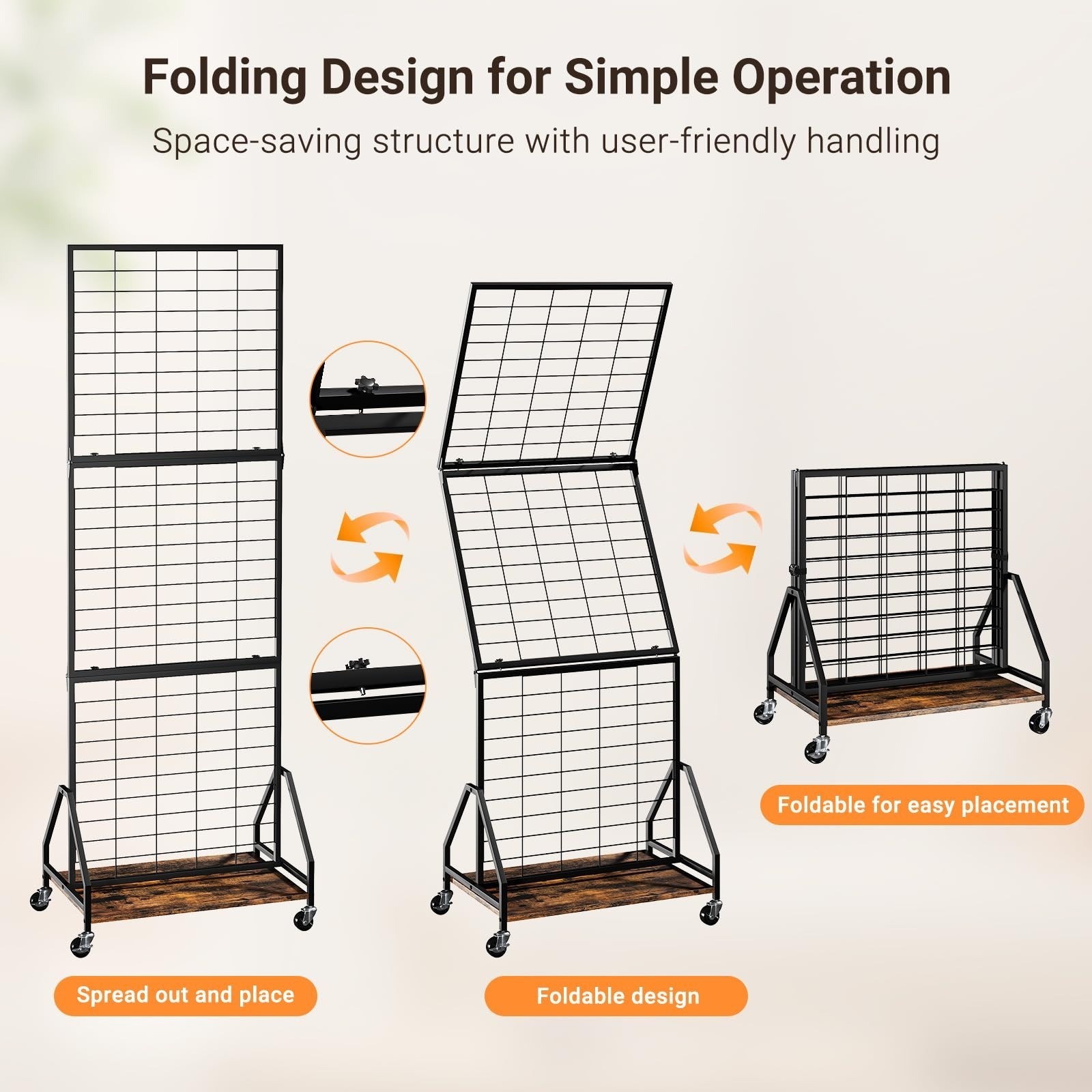 ELYKEN Foldable Grid Wall Panels Display Rack with Wheels & Storage Shelf