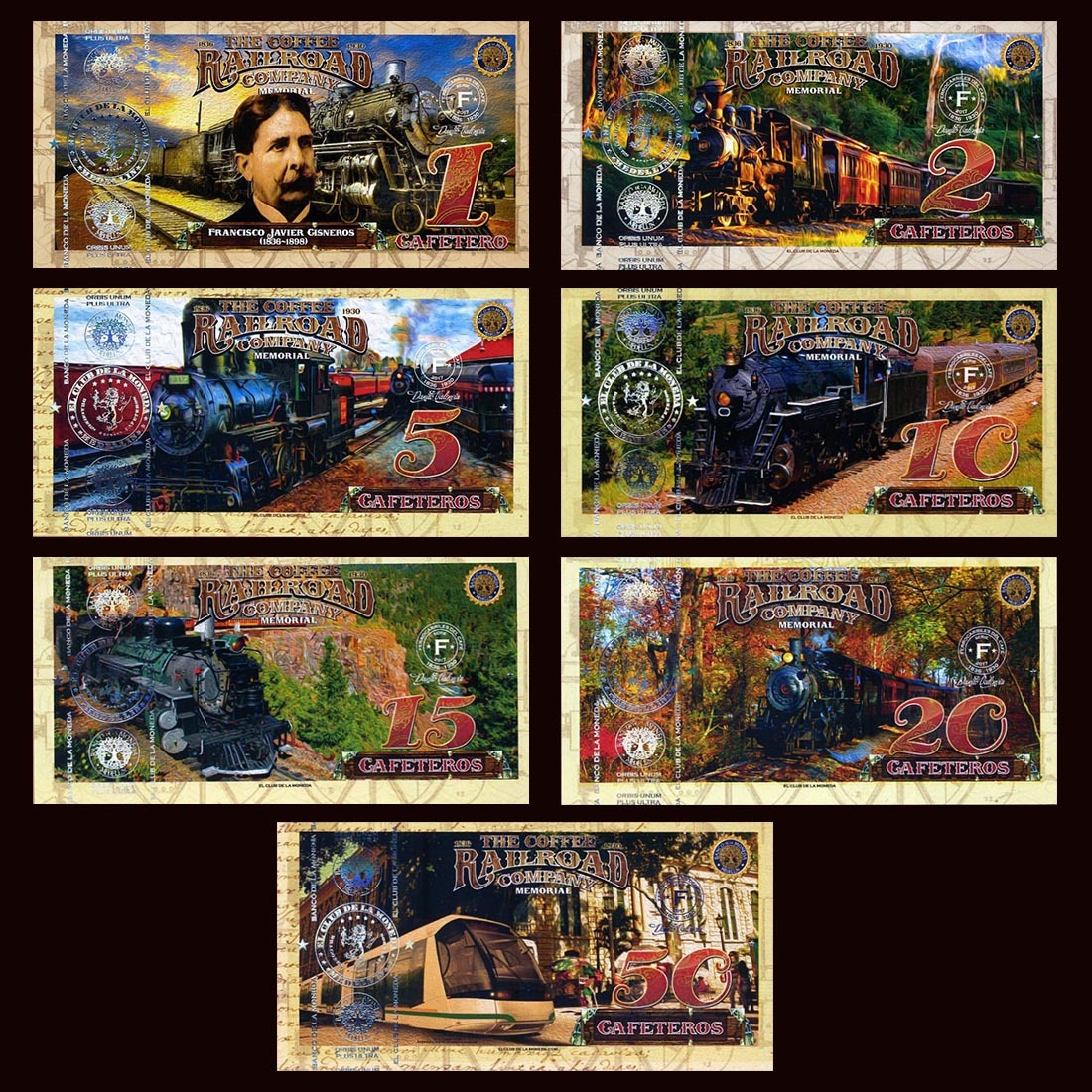 POLYMER SET El Club De La Moneda 1;2;5;10;15;20;50 2017 Coffee Railroad, Trains