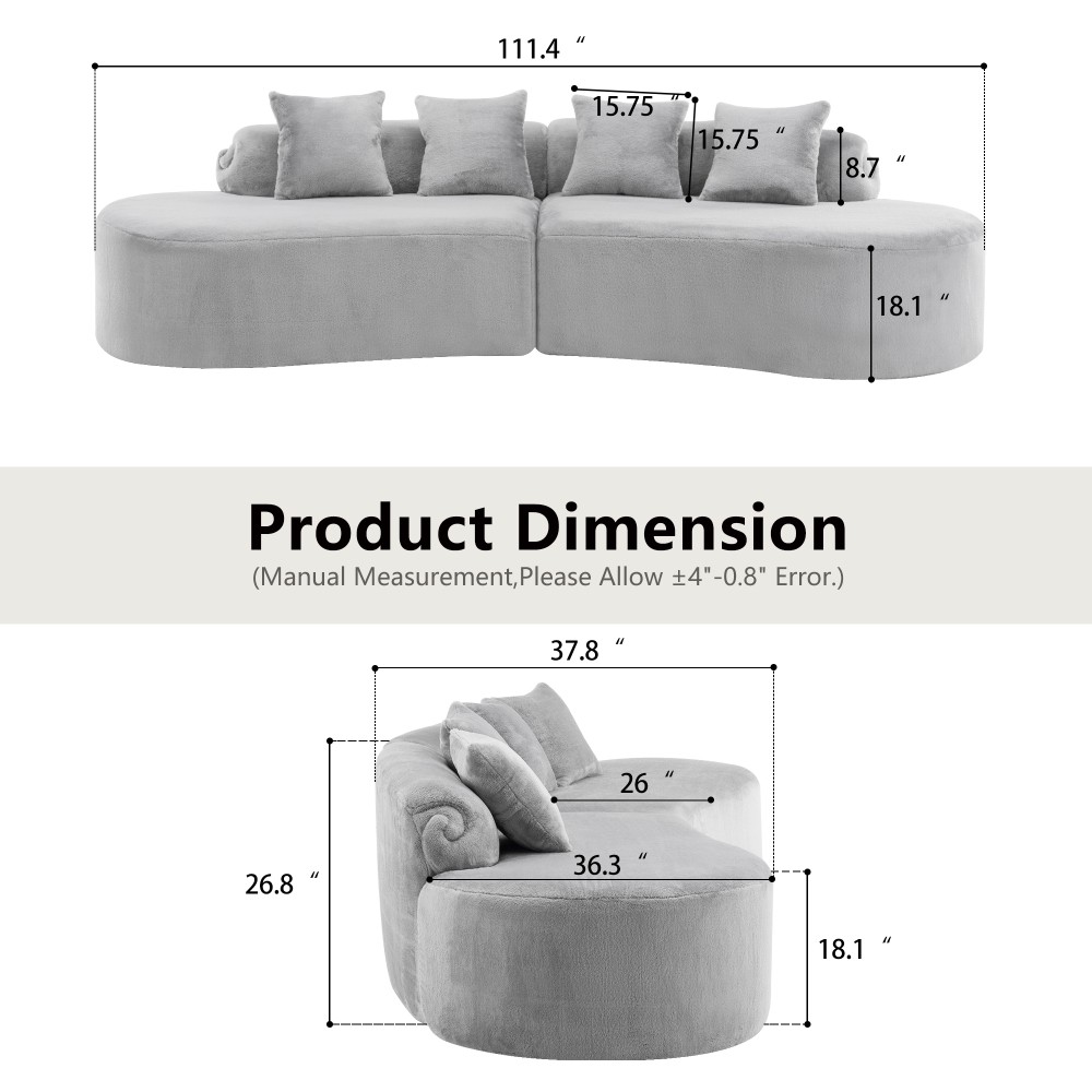 Curved Flannelette Sofa w/ Pillows, Light Gray, 4-Seat Modern Sectional