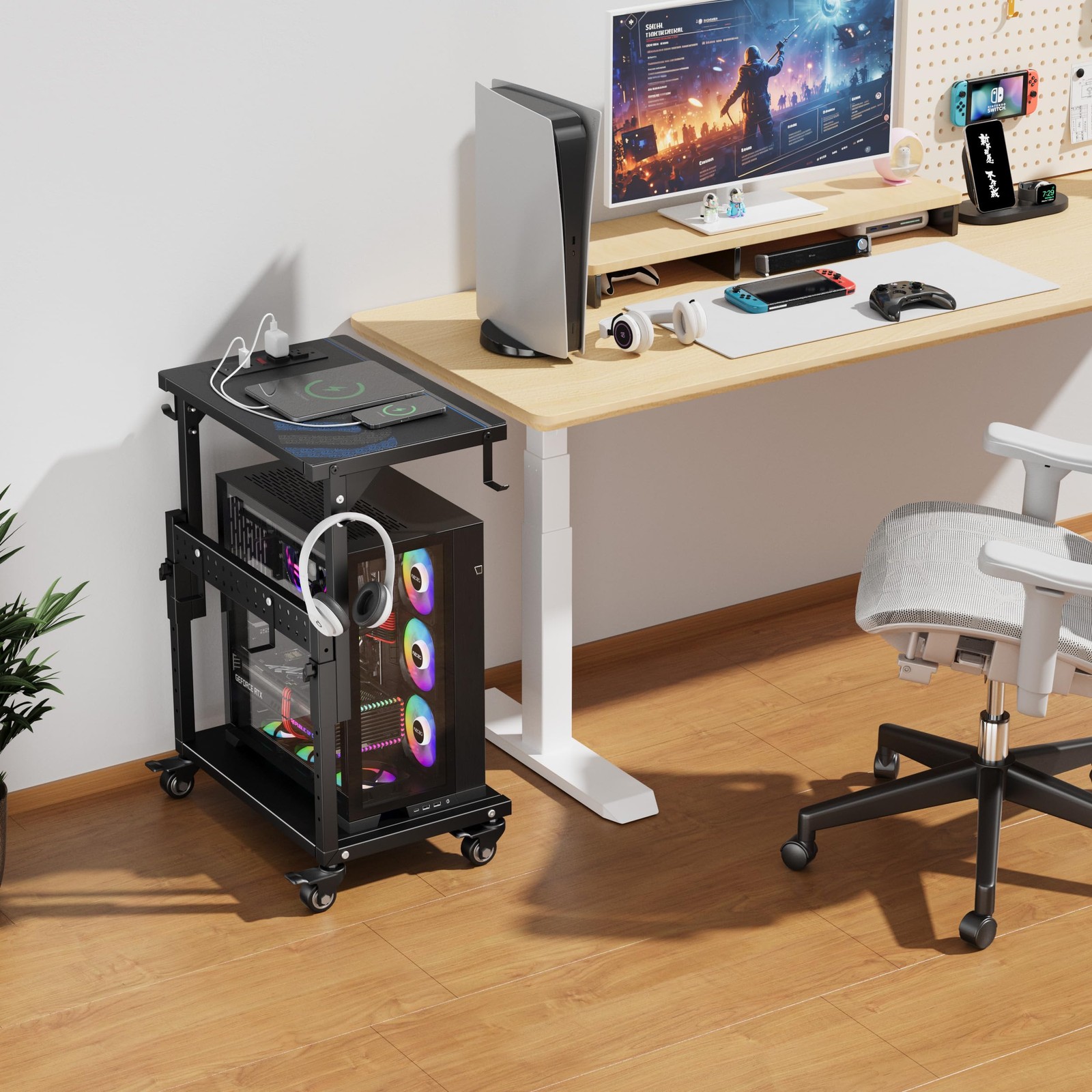 Computer Tower Stand with Power Outlet, 6 Level Height Ajustable PC Tower Sta...