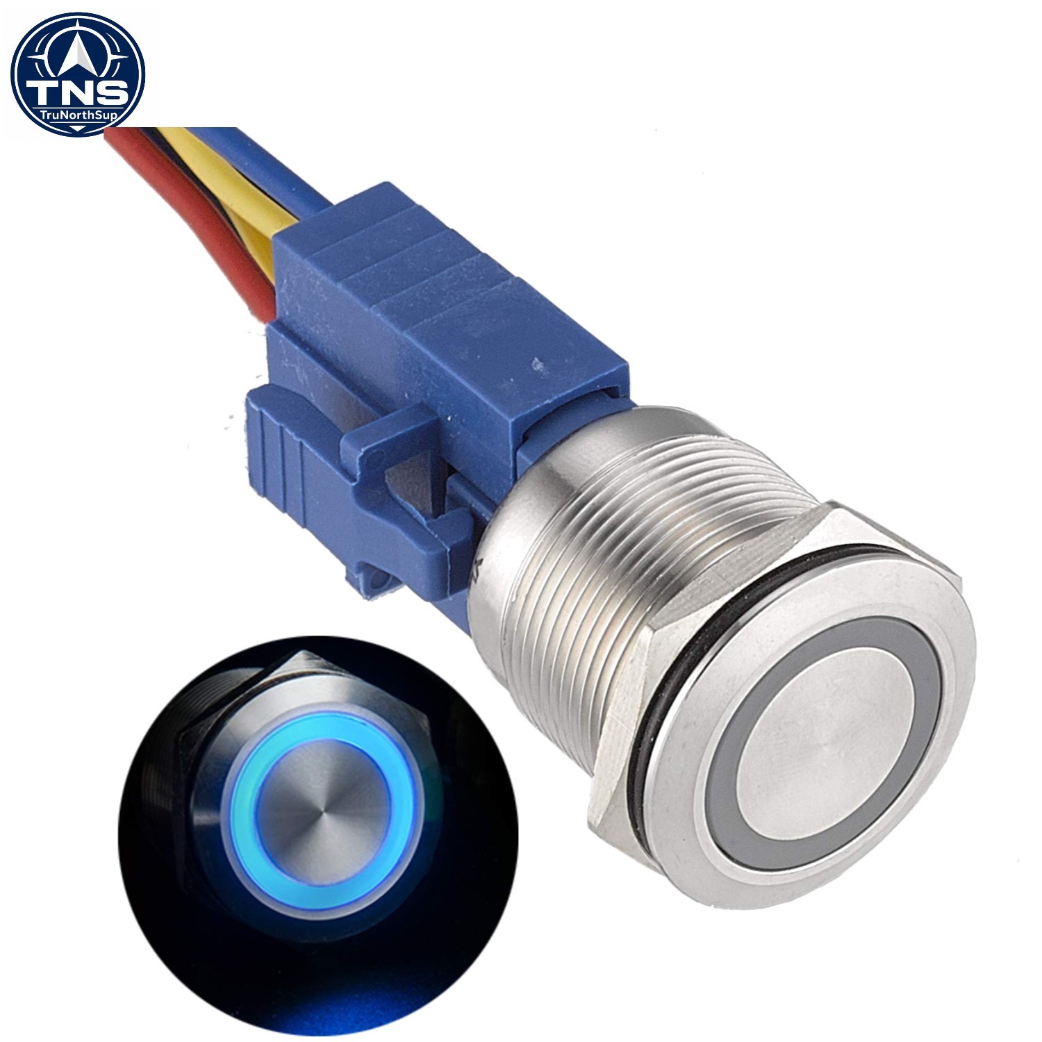 22mm Latching Push Button Switch 12V LED Waterproof Stainless Steel 1NO 1NC Blue