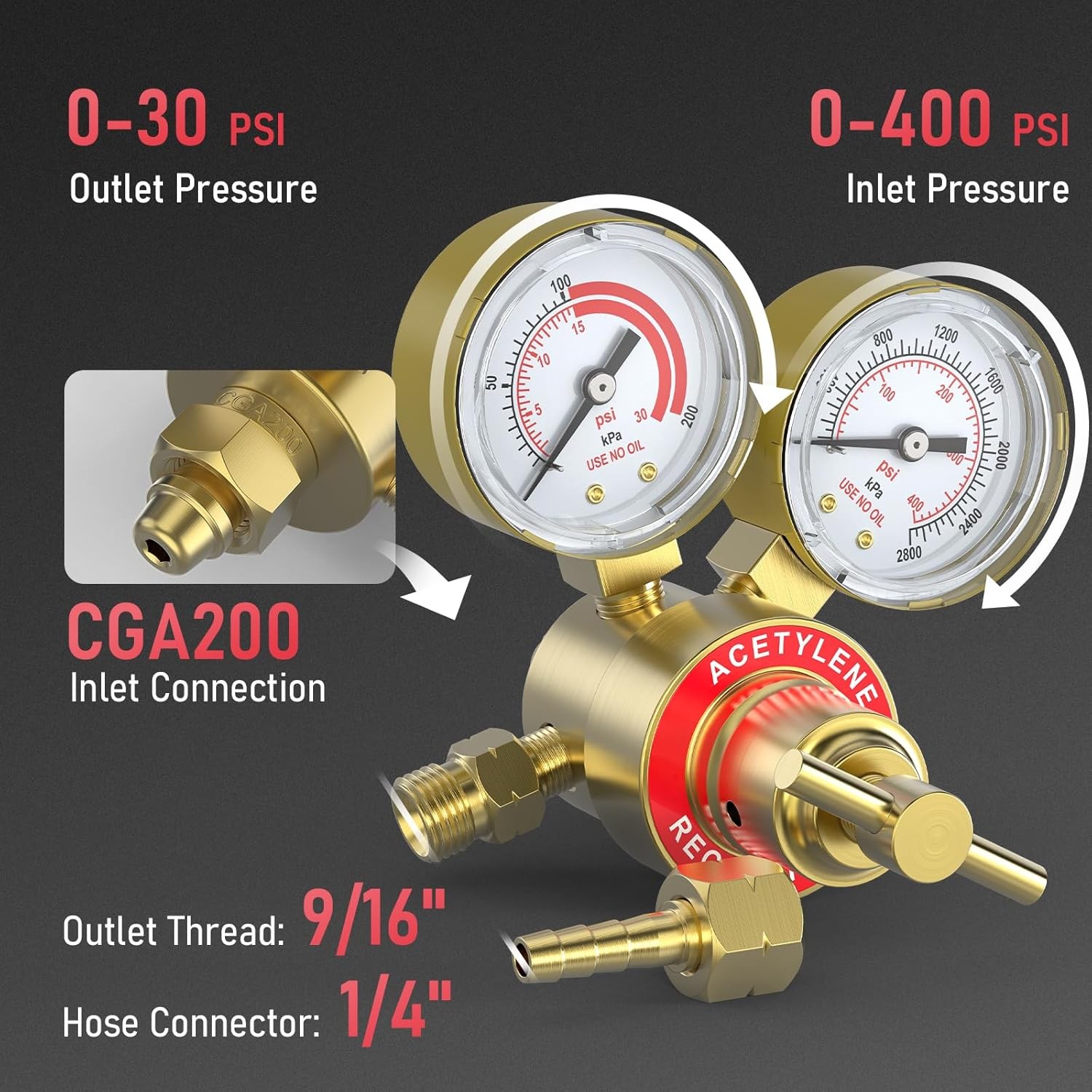 Acetylene & Oxygen Regulator, CGA540 & CGA200, with T-Handle & Hose Connector