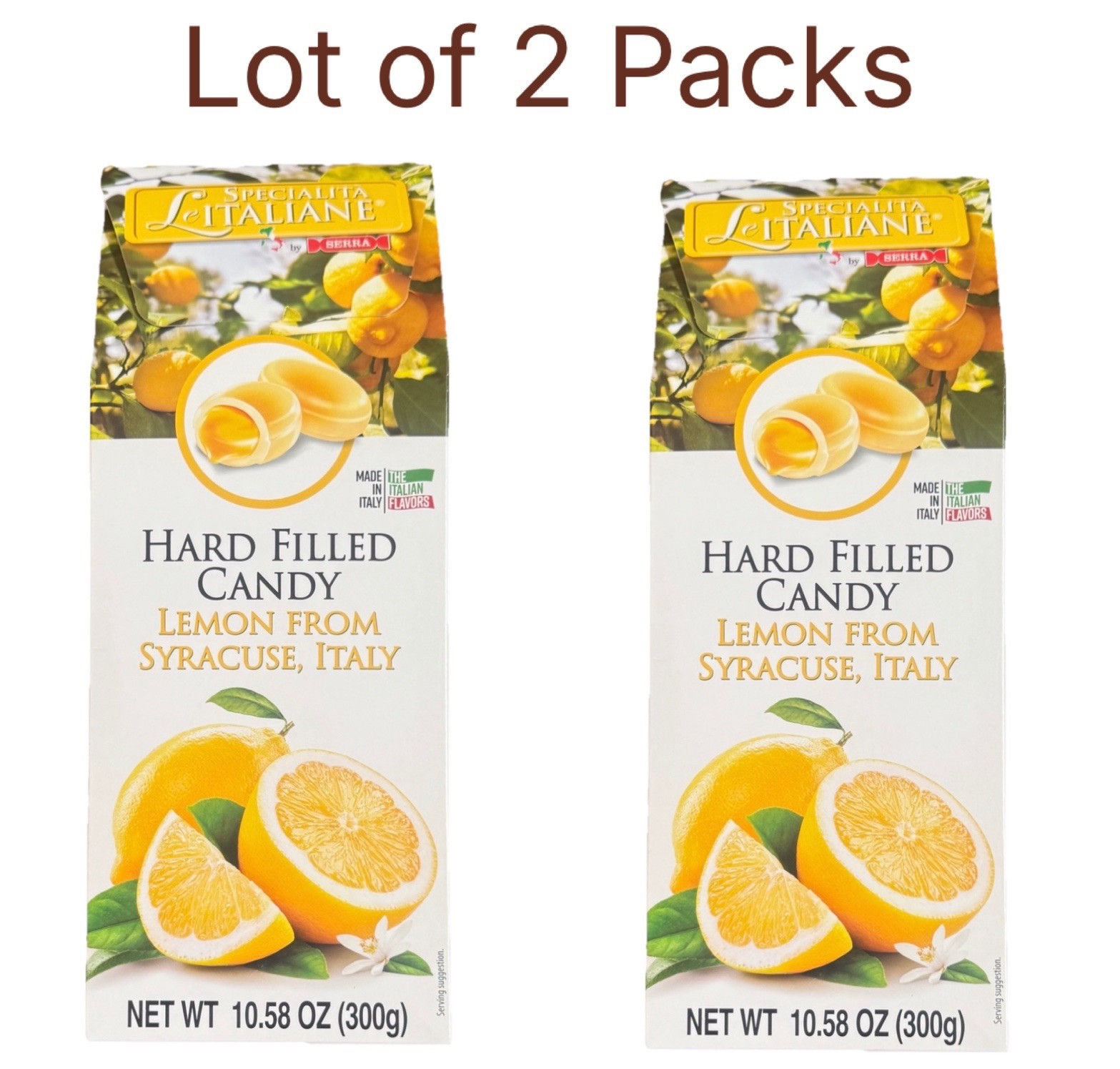 2 Packs 10.5 Oz Ea/ 21 Oz Total Specialita Le Italiane Hard Filled Candies Lemon