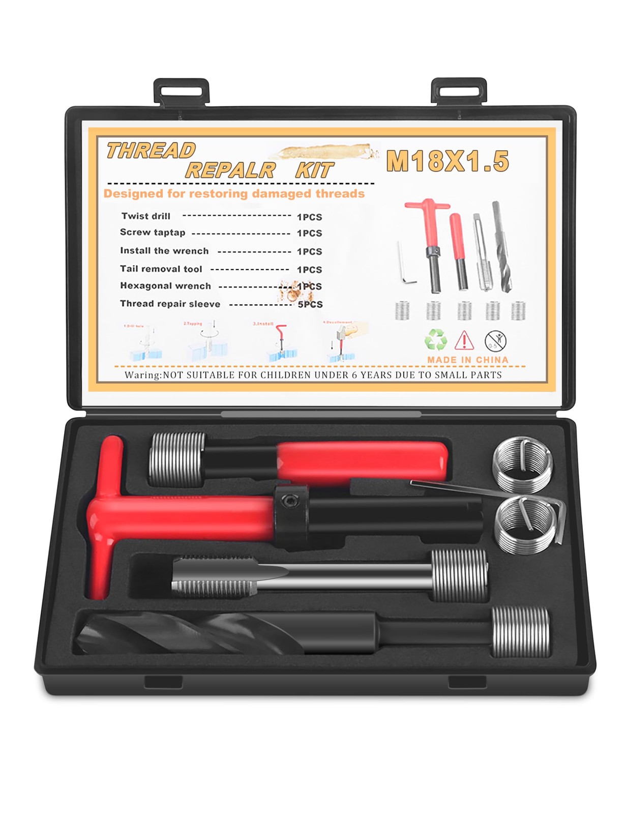 M18x1.5 Thread Repair Kit, 10 Pcs Helicoil Thread Repair Kit Thread Chaser Se...