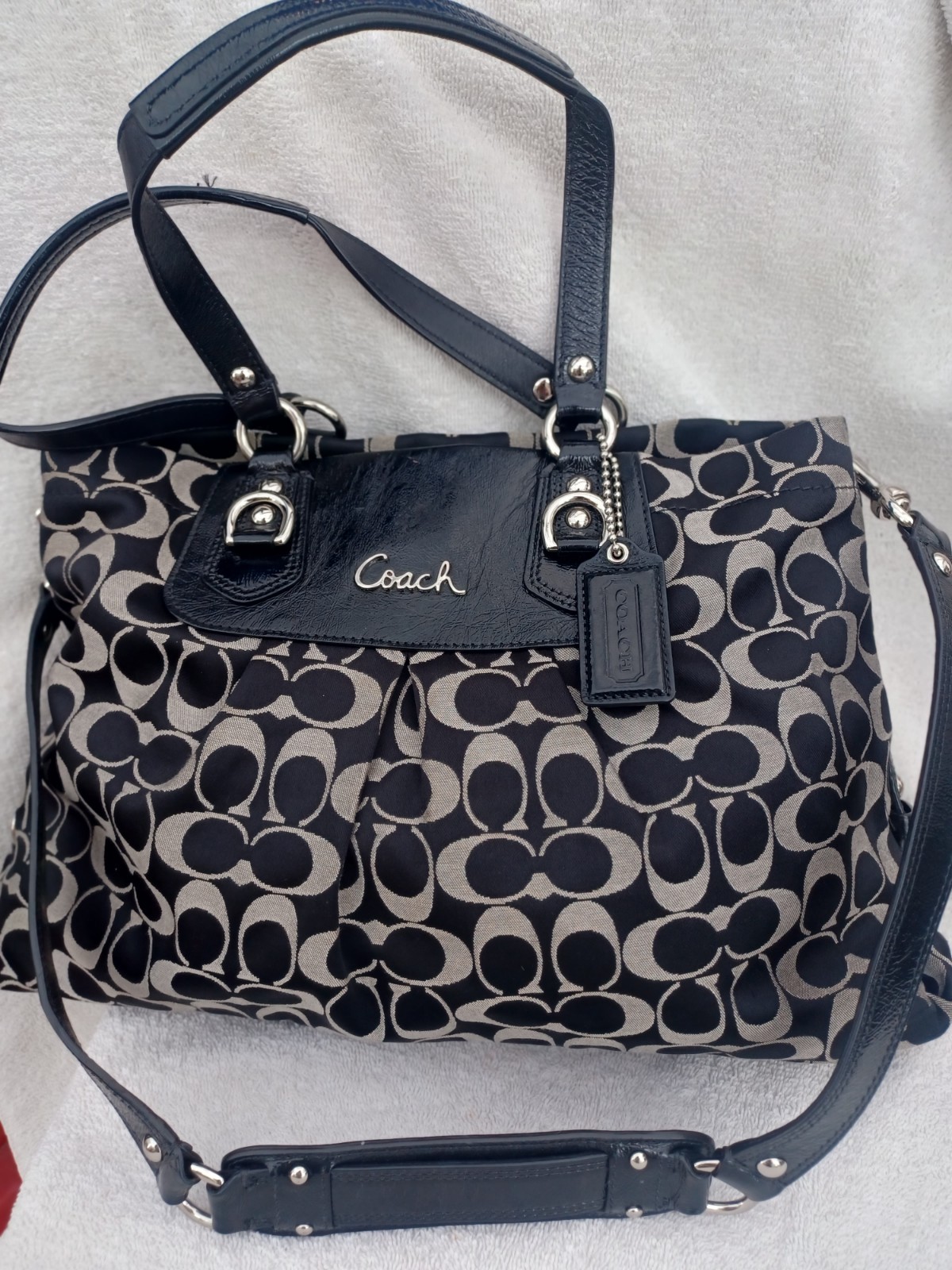 Coach Ashely Signature Santeem Bag F15510 Black Tan Purse Shoulder Bag Lrg