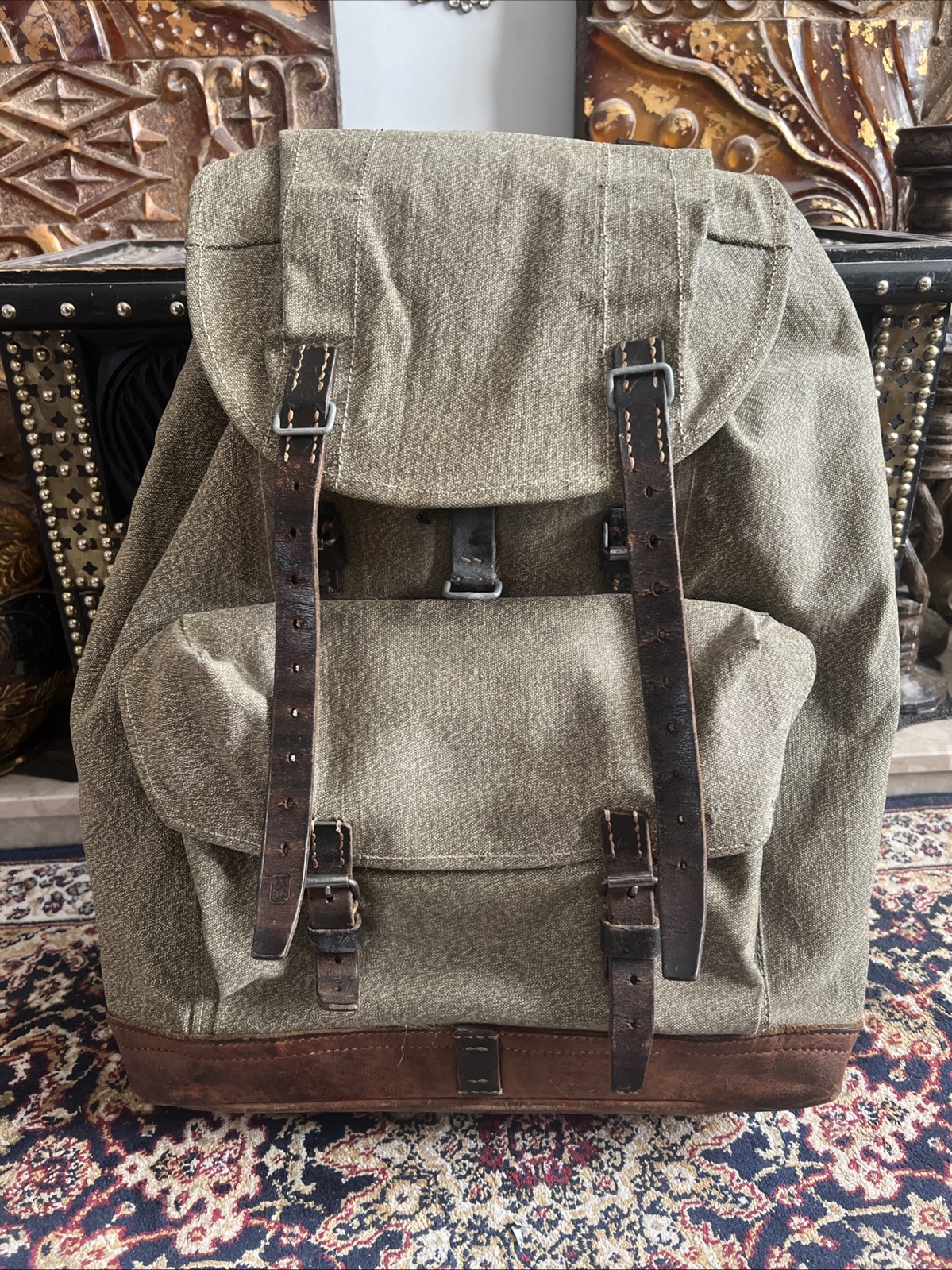 Vintage 1950s Swiss Green Army Canvas Backpack Salt and Pepper Rucksack Leather