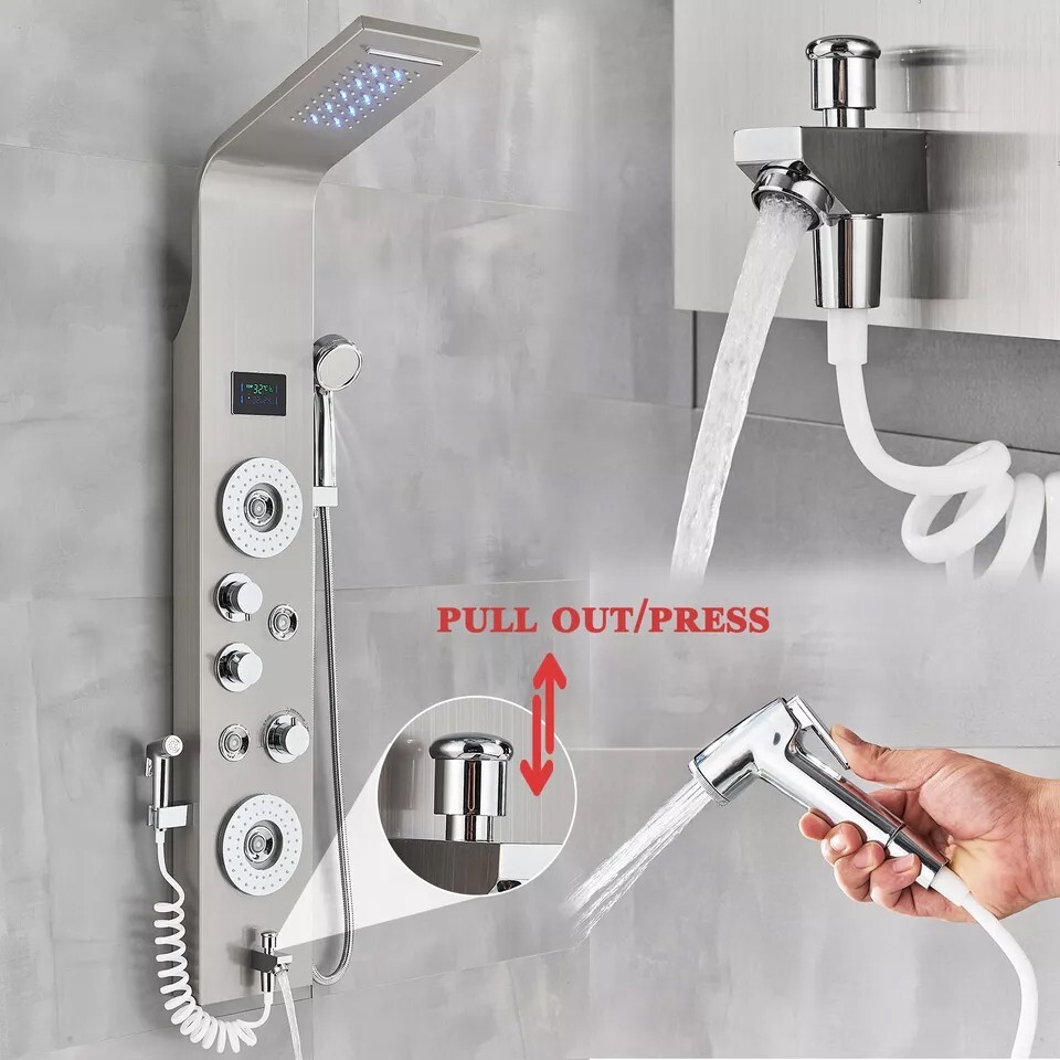 Stainless Steel LED Rain Waterfall Shower Panel Tower Column System Massage Jets