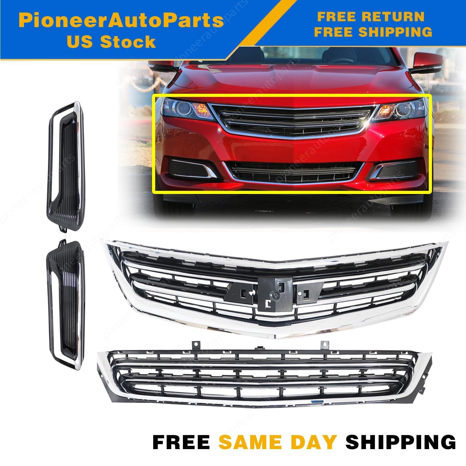 Front Bumper Upper & Lower Grille & Fog Light Bezel Set For 2014-20 Chevy Impala