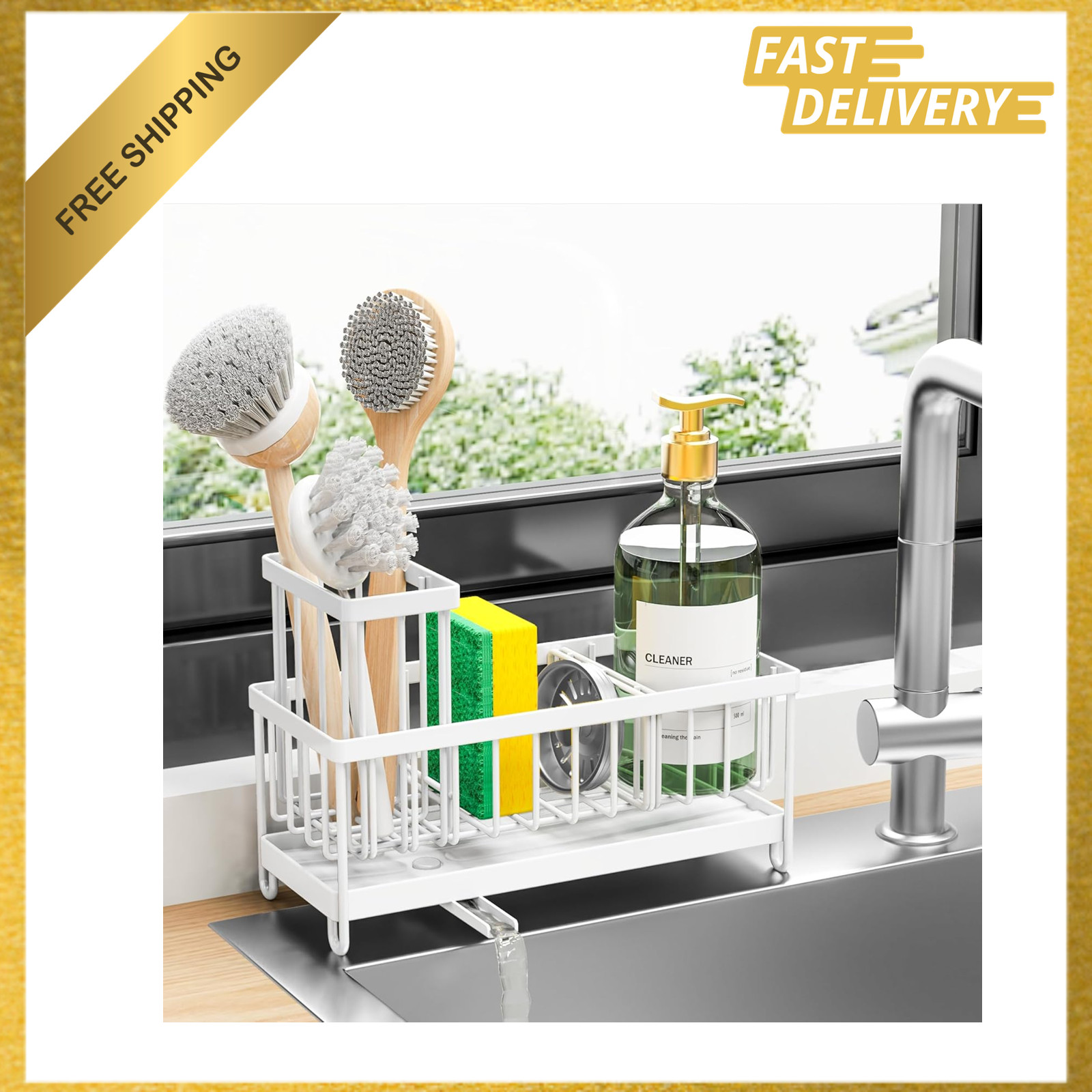 Kitchen Sink Caddy Organizer Stainless Steel with High Brush Holder Rotatable