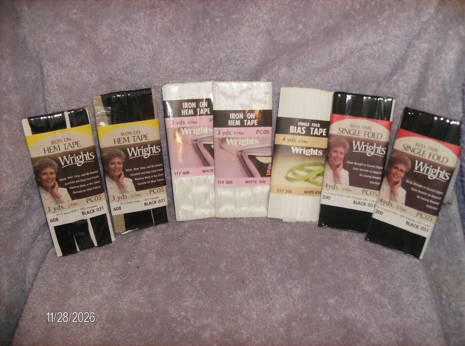 7 PKG SINGLE FOLD BIAS TAPE BLACK WHITE IRON-ON HEM TAPE & BIAS SINGLE FOLD