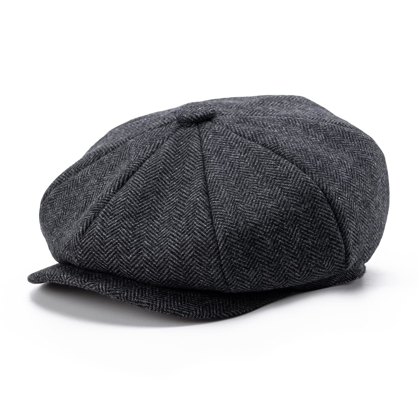 BOTVELA Men's 8 Panel Wool Blend Newsboy Flat Cap Herringbone 7 5/8, Black